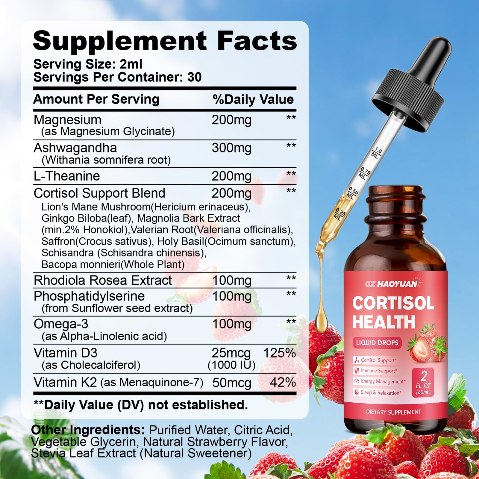 GZ HAOYUAN Cortisol Supplement Liquid Drops for Women and Men with Magnesium, Ashwagandha, L-theanine, Phosphatidylserine for Lower Cortisol, Calm, Mood, Sleep Support - 2 FL.OZ, Strawberry GZ HAOYUAN Au supplements