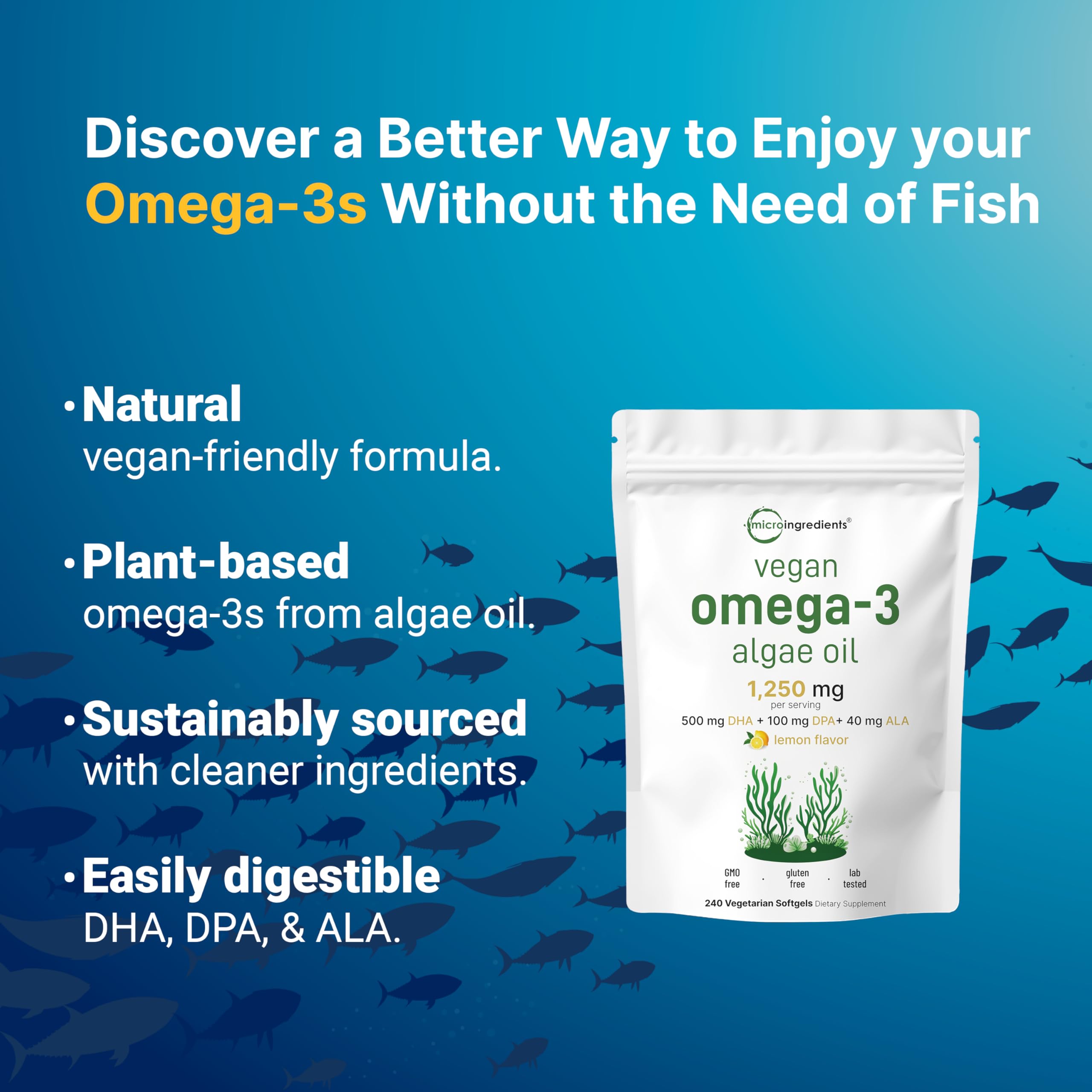 Micro Ingredients Vegan Omega 3 Algae Oil, 240 Veggie Softgels | Fish Oil Alternative | DHA 500mg & DPA 100mg | Carrageenan Free | Plant-Based Omega 3