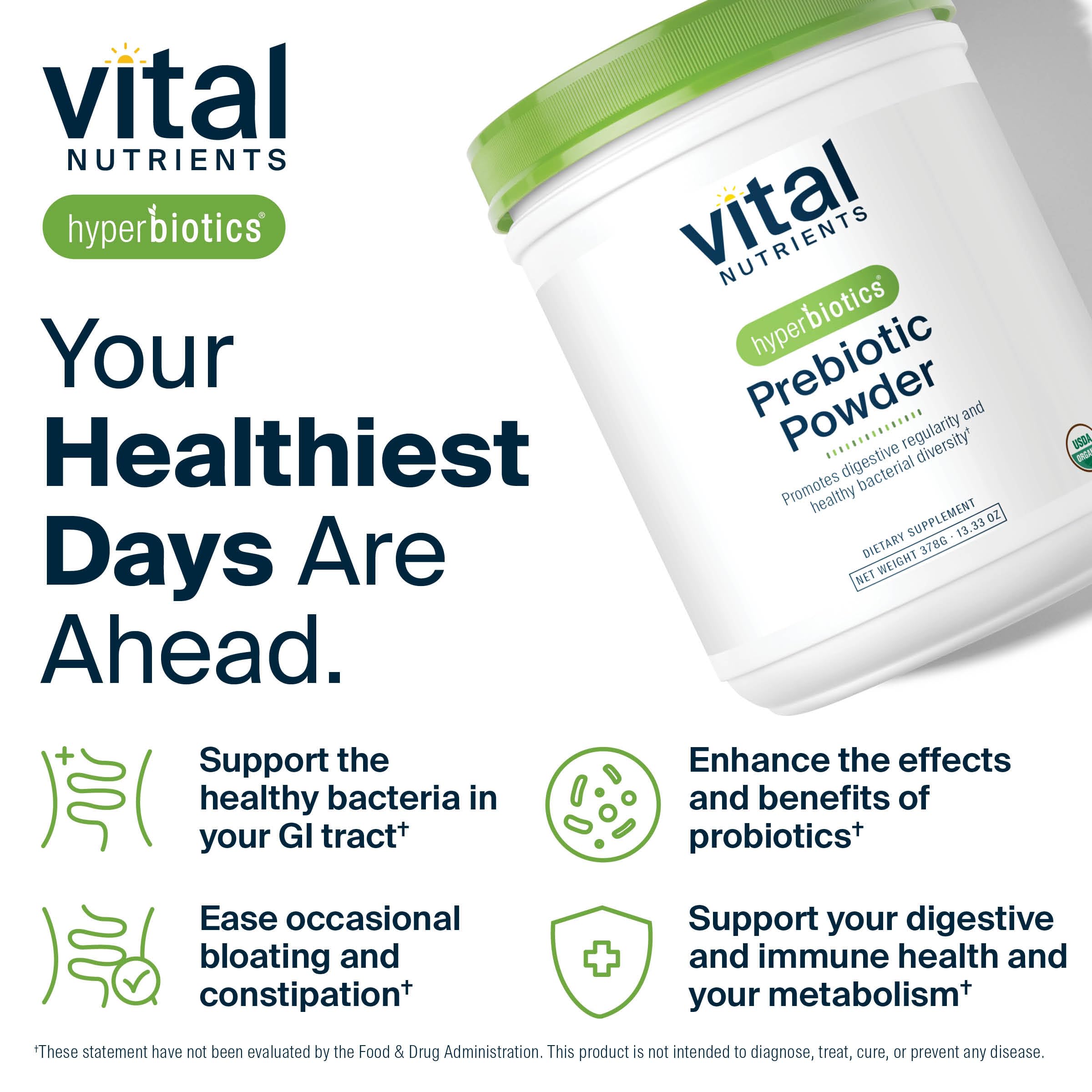 Hyperbiotics Vital Nutrients Organic Prebiotic Fiber Powder | Supports Gut Health and Digestive Regularity | Soluble Fiber Supplement for Women and Men