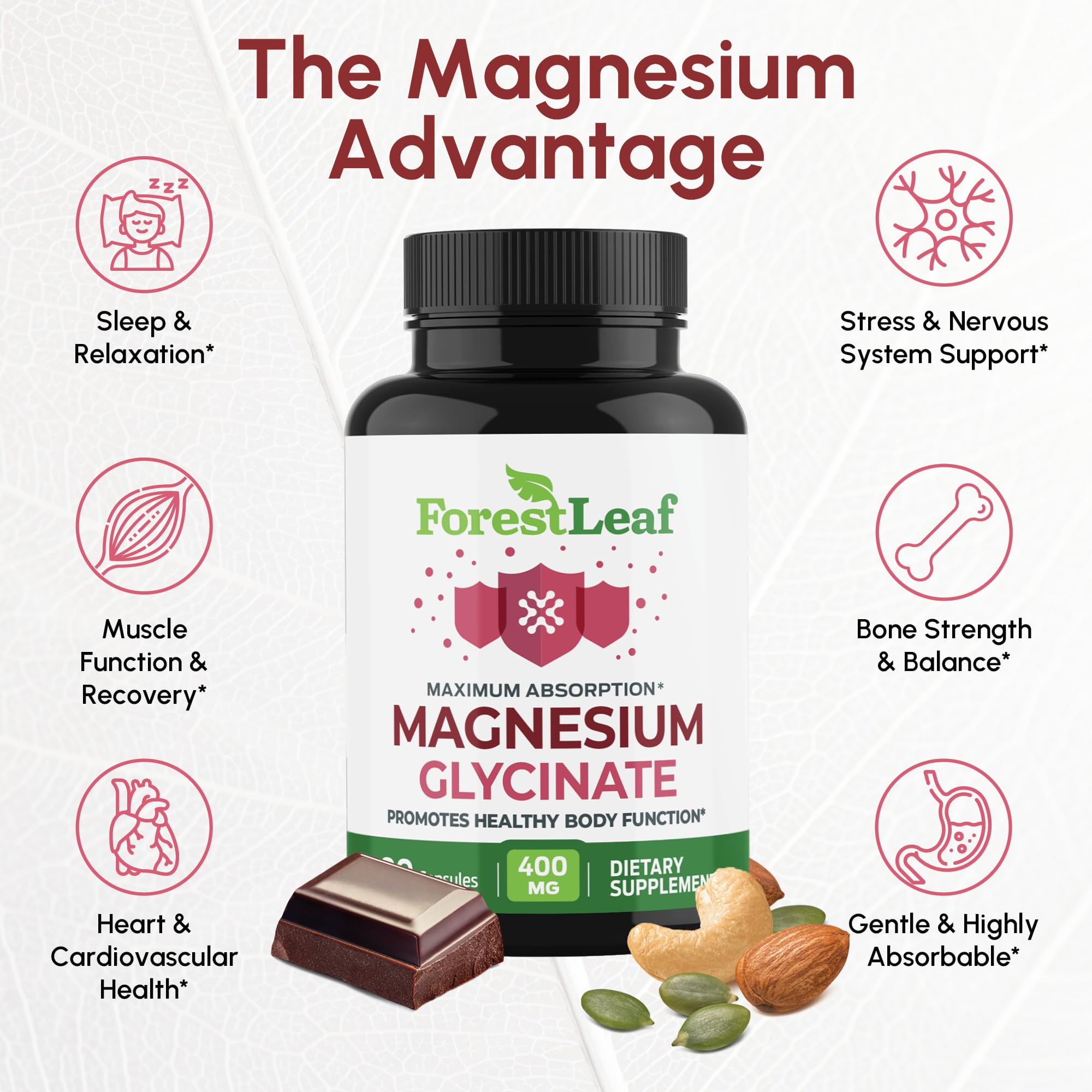 Pure Magnesium Glycinate 400mg Serving - High Absorption Magnesium Glycinate - Mag Bisglycinate for Stress, Bones, Muscles, Nerves,