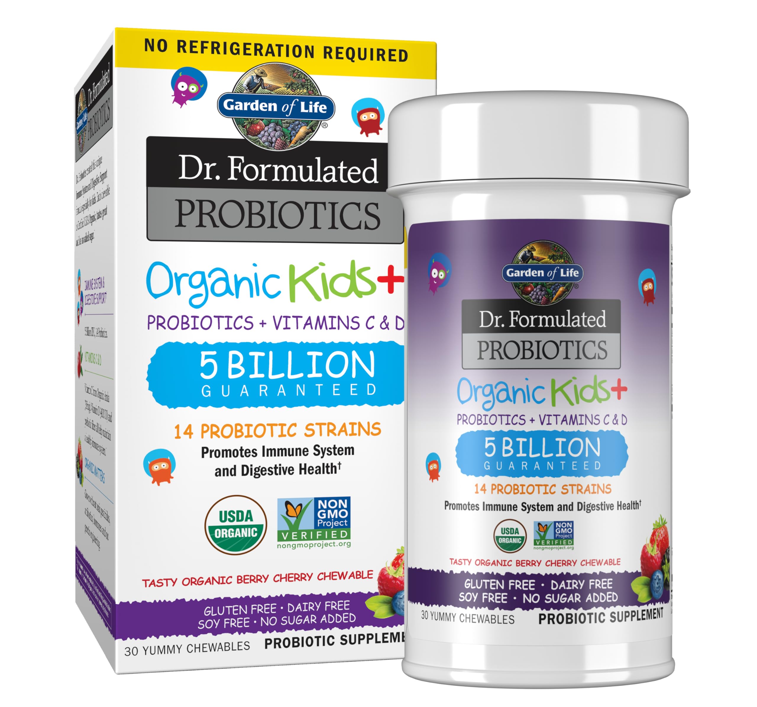 Garden of Life Dr. Formulated Probiotics Organic Kids+ plus Vitamin C & D - Berry Cherry - Gluten, Dairy & Soy Free Immune & Digestive Health Supplement