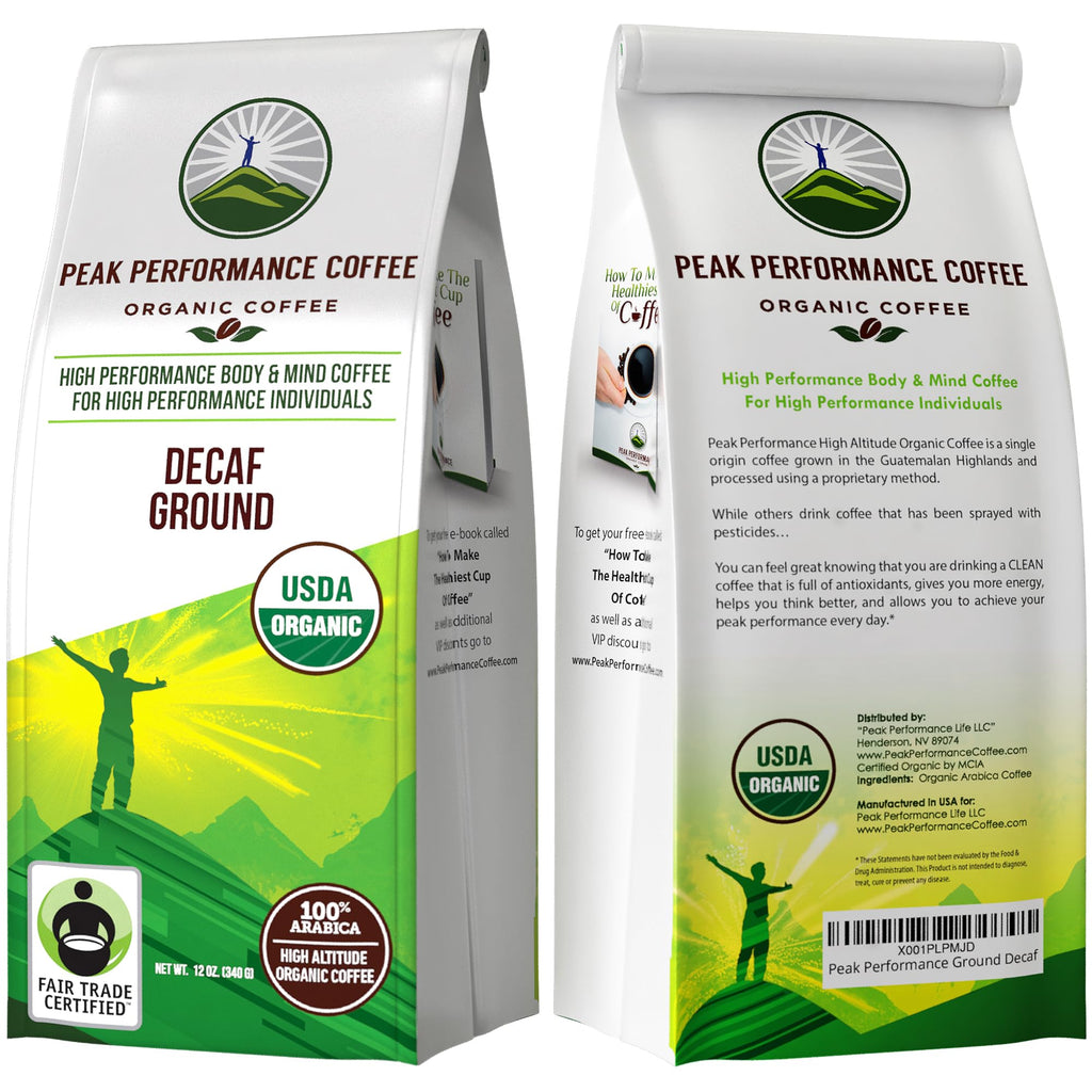 Peak Performance High Altitude Organic Decaf Coffee - Fair Trade, Low Acid, Non GMO, and Beans Full of Antioxidants - Medium Roast Smooth Tasting USDA Certified Organic Decaffeinated Ground 12 oz Peak Performance Au supplements