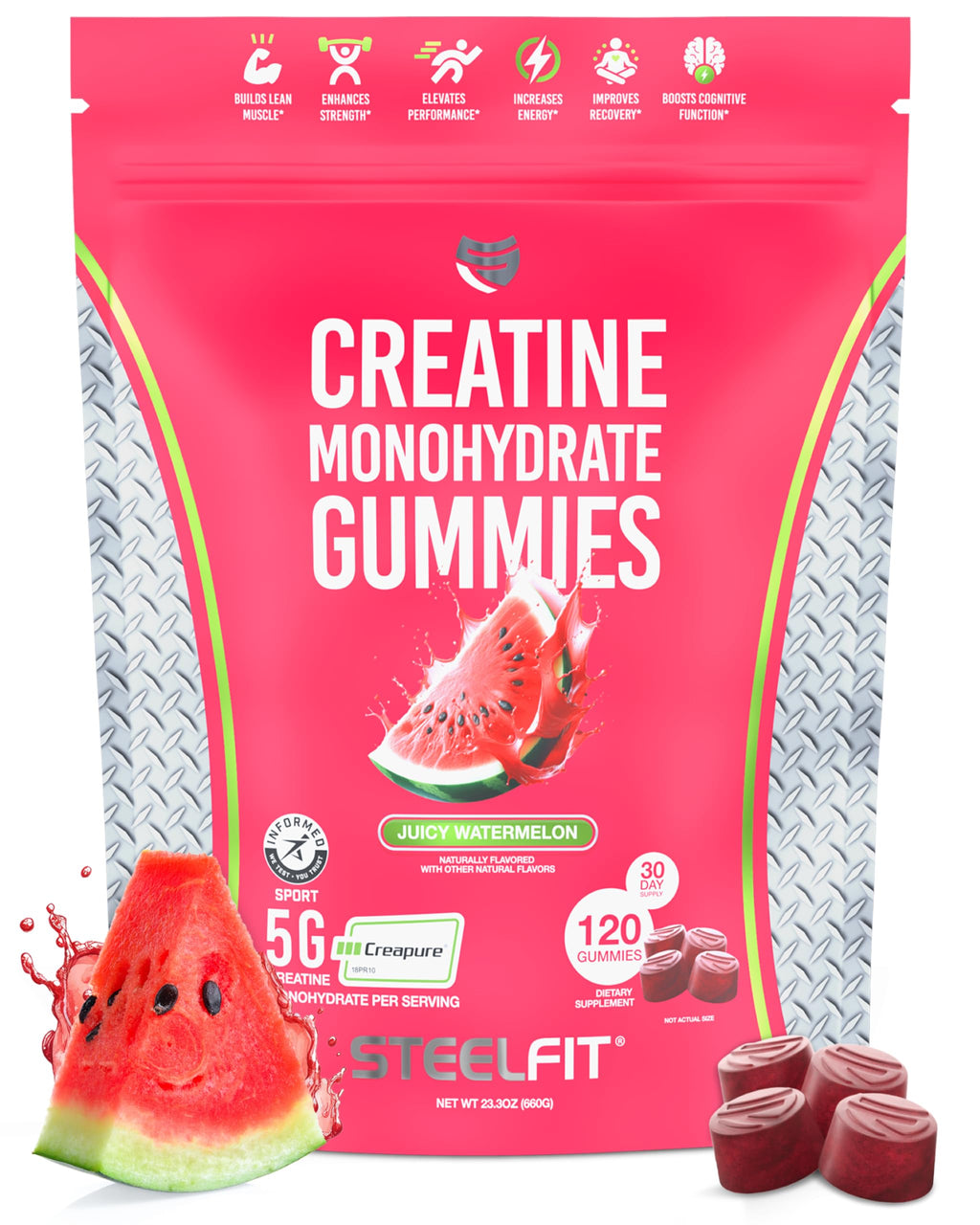 SteelFit Creapure Creatine Monohydrate Gummies for Men & Women, Juicy Watermelon - Gym Workout Nutritional Supplements for Muscle Gain, Brain Health & Strength Building Dietary Supplement, 120 Gummies SteelFit Au supplements
