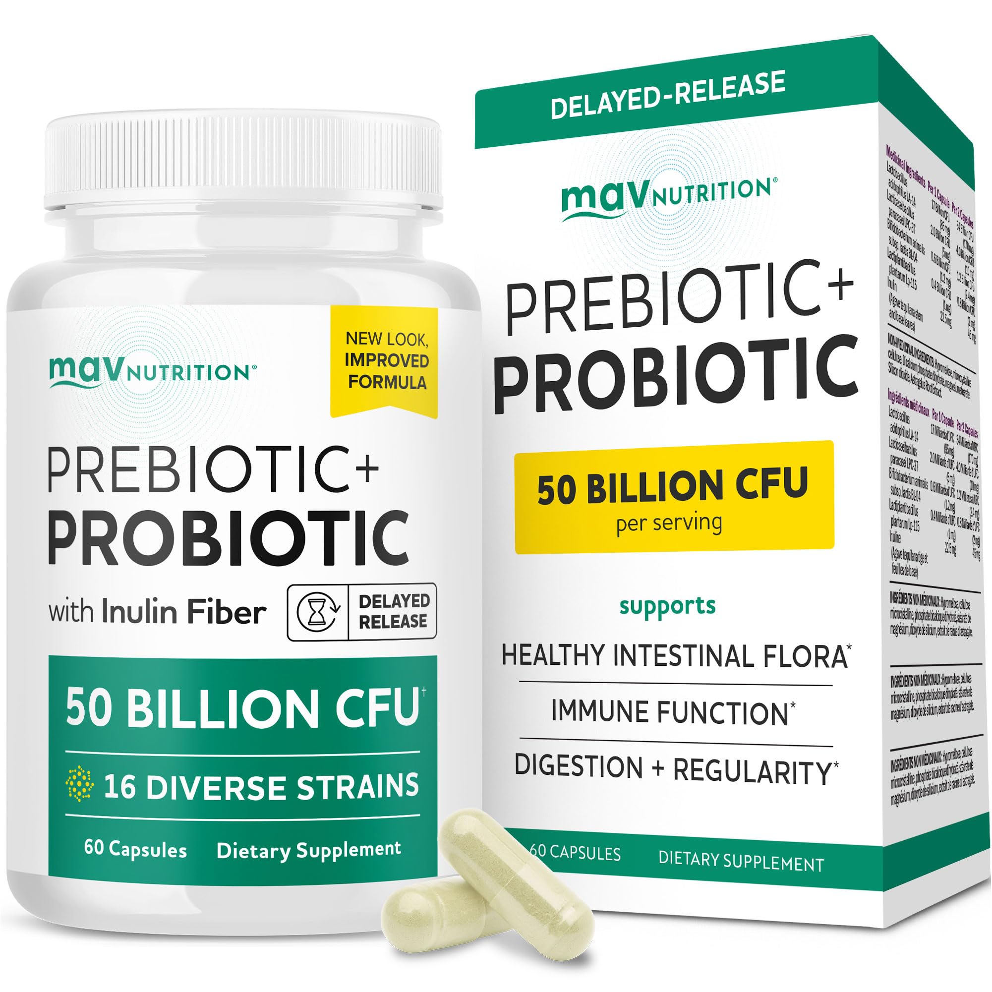 Prebiotics and Probiotics | 50 Billion CFU, 16 Probiotic Strains & Inulin Prebiotic Fiber | Delayed Release Capsules | Gut Health Support | Prebiotics and Probiotics for Women & Men | Non-GMO | 60 Ct