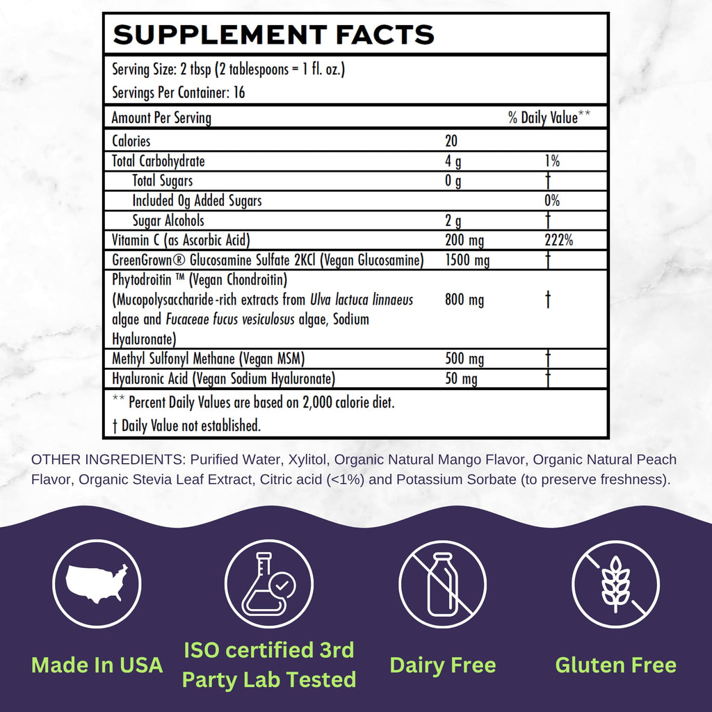 Joint Nourish – 100% Vegan Liquid Joint Supplement | Vegan Glucosamine, Chondroitin, MSM, Hyaluronic Acid & Vitamin C | Mango-Peach | Supports Joint Mobility, Cartilage & Skin | Sugar-Free,16 Servings Vitaminally Au supplements