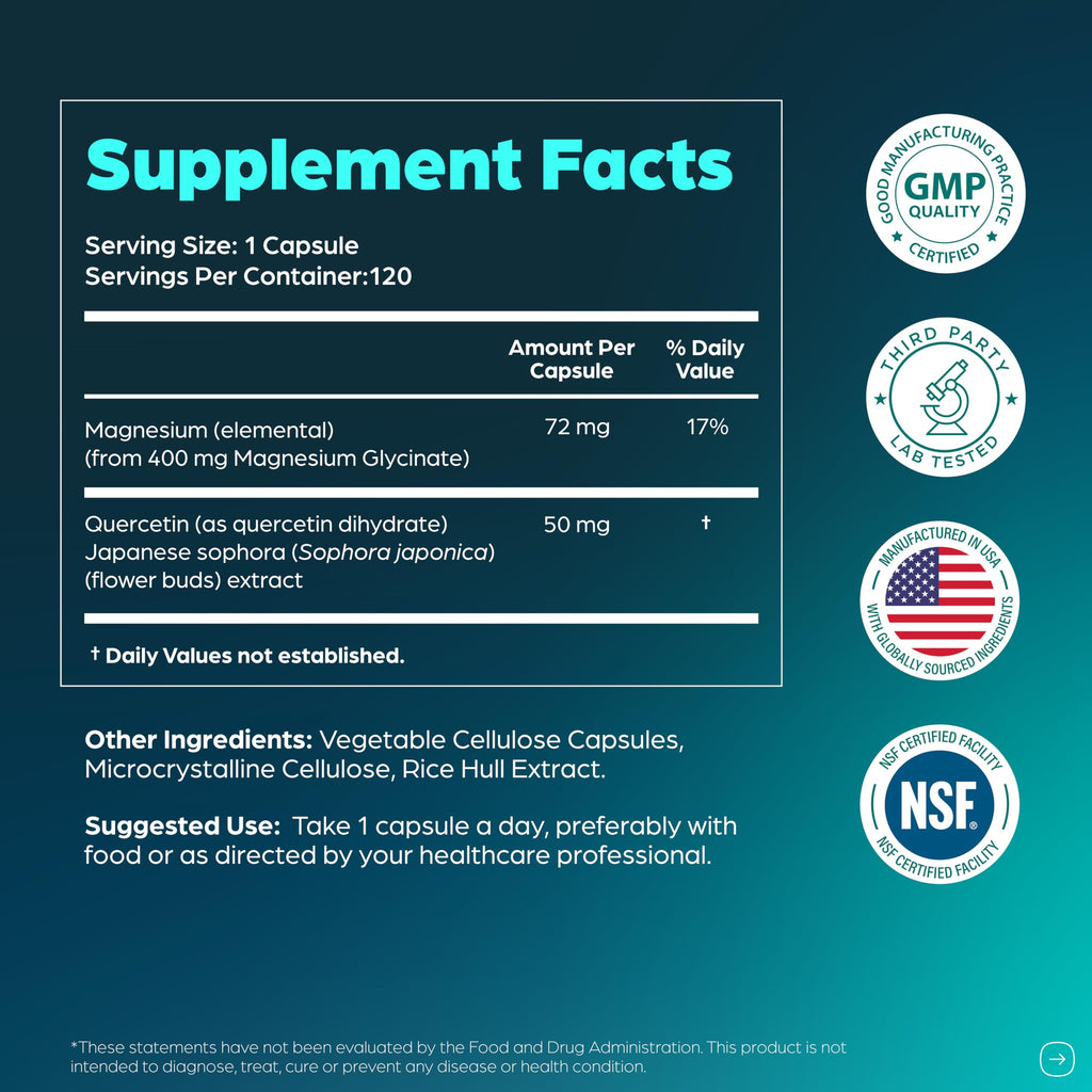 Magnesium Glycinate 400mg High Absorption Capsules with Quercetin | Quality Sleep, Relaxation & Muscle Health Supplement for Women and Men | Chelated Magnesium 120 Count