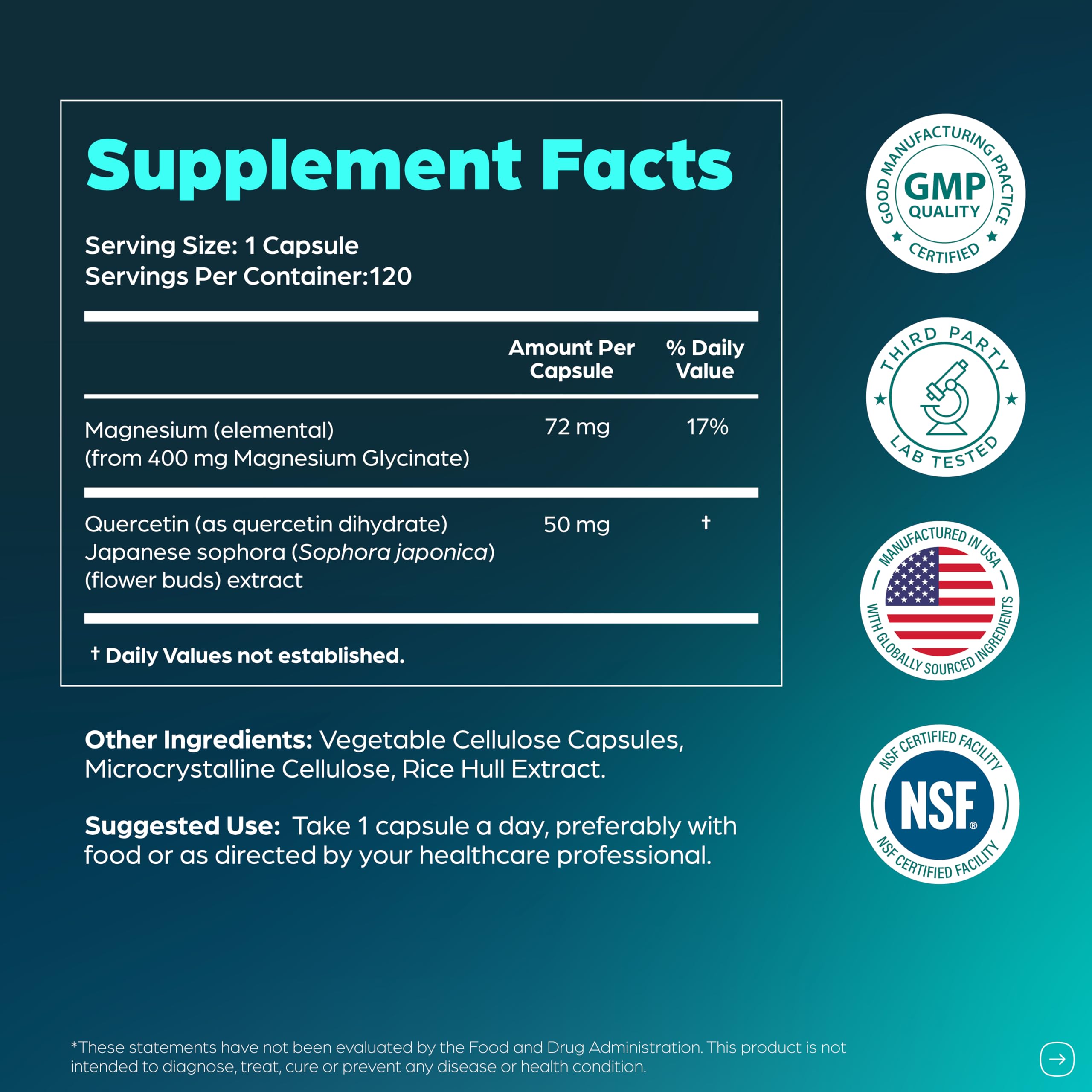 Magnesium Glycinate 400mg High Absorption Capsules with Quercetin | Quality Sleep, Relaxation & Muscle Health Supplement for Women and Men | Chelated Magnesium 120 Count