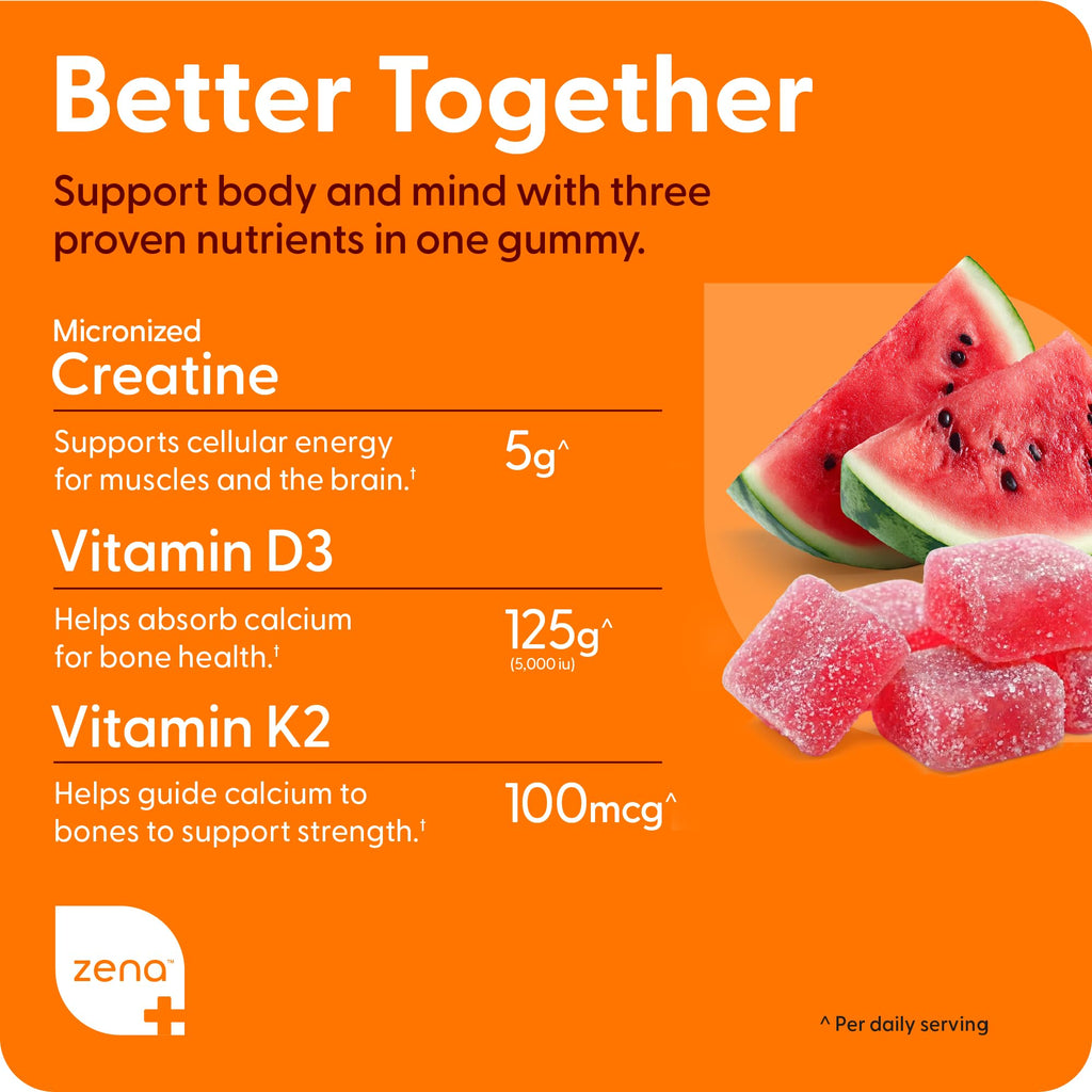 Zena Nutrition Creatine Gummies with D3 & K2, Creatine Monohydrate for Men and Women, Supports Bone, Muscle, & Cognitive Health, Gummy Workout Supplement, Watermelon Flavor, 150ct, 30 Daily Servings Zena Nutrition Au supplements