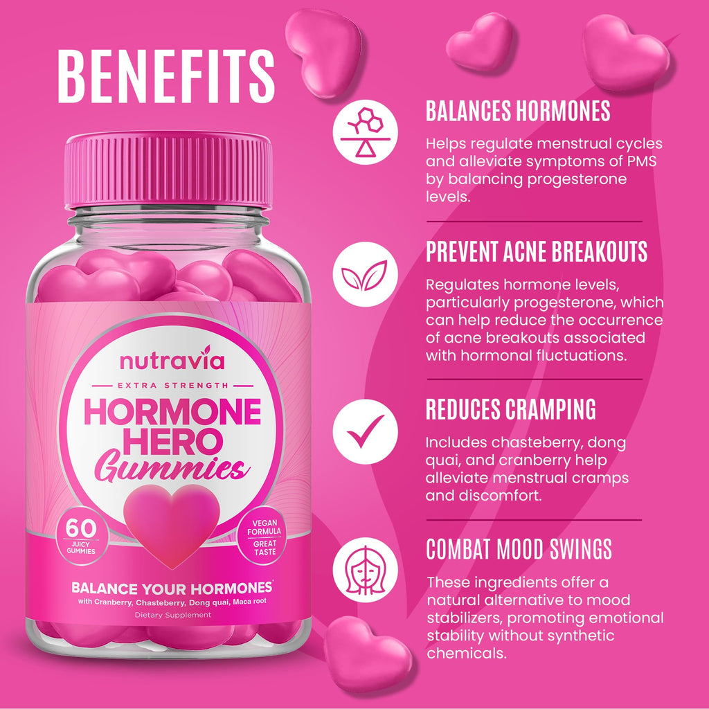 Hormone Balance For Women Gummies + PMS Relief Supplement - Supports Mood Swings, Clear Skin, Reduced Cramps and Bloating - Hormonal PMS Gummies PCOS Vitamin with Cranberry, Dong Quai (60 Gummies) Nutravia Au supplements