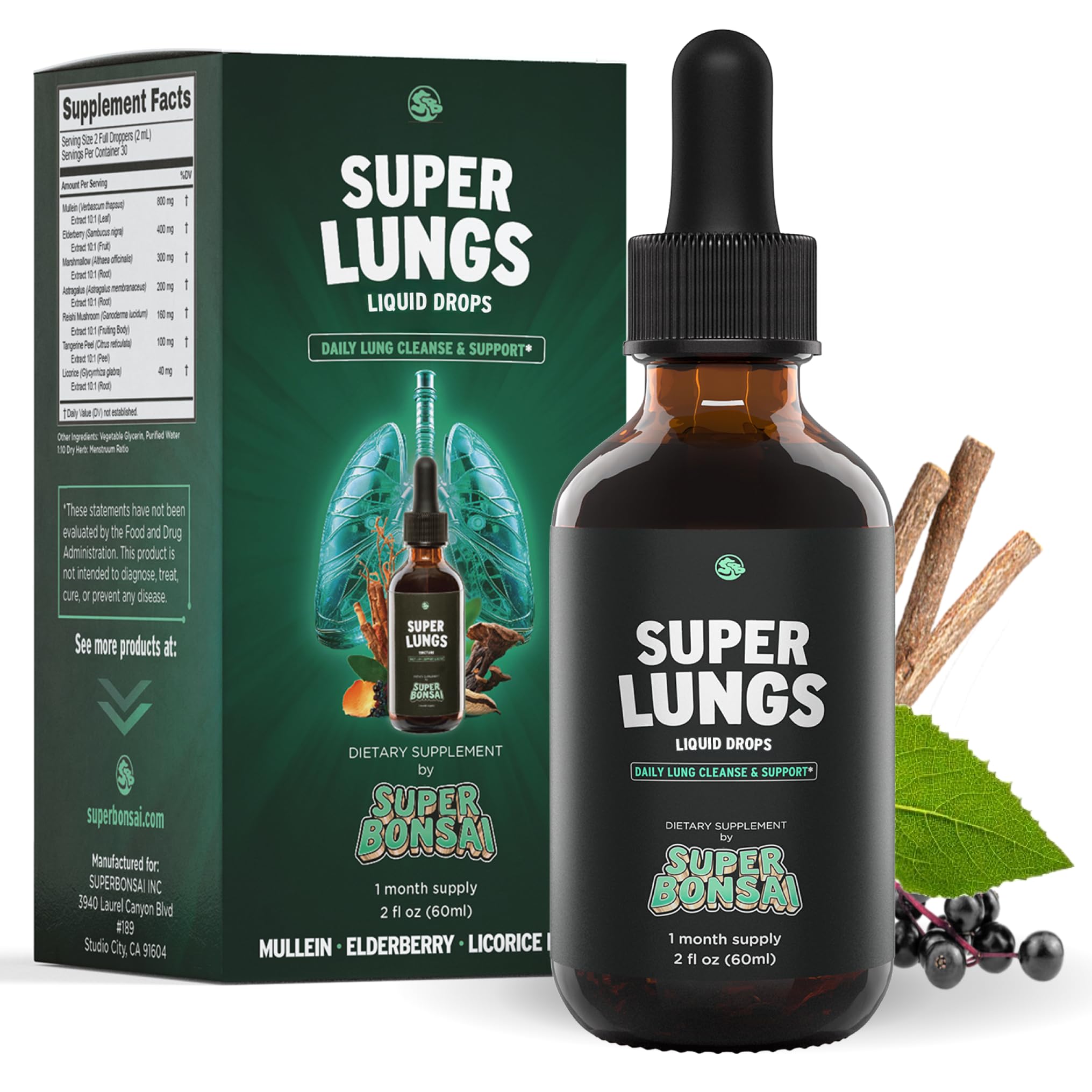 SuperBonsai Super Lungs Mullein Drops – Herbal Lung Support Tincture with Mullein Leaf Extract Elderberry Reishi Marshmallow Root