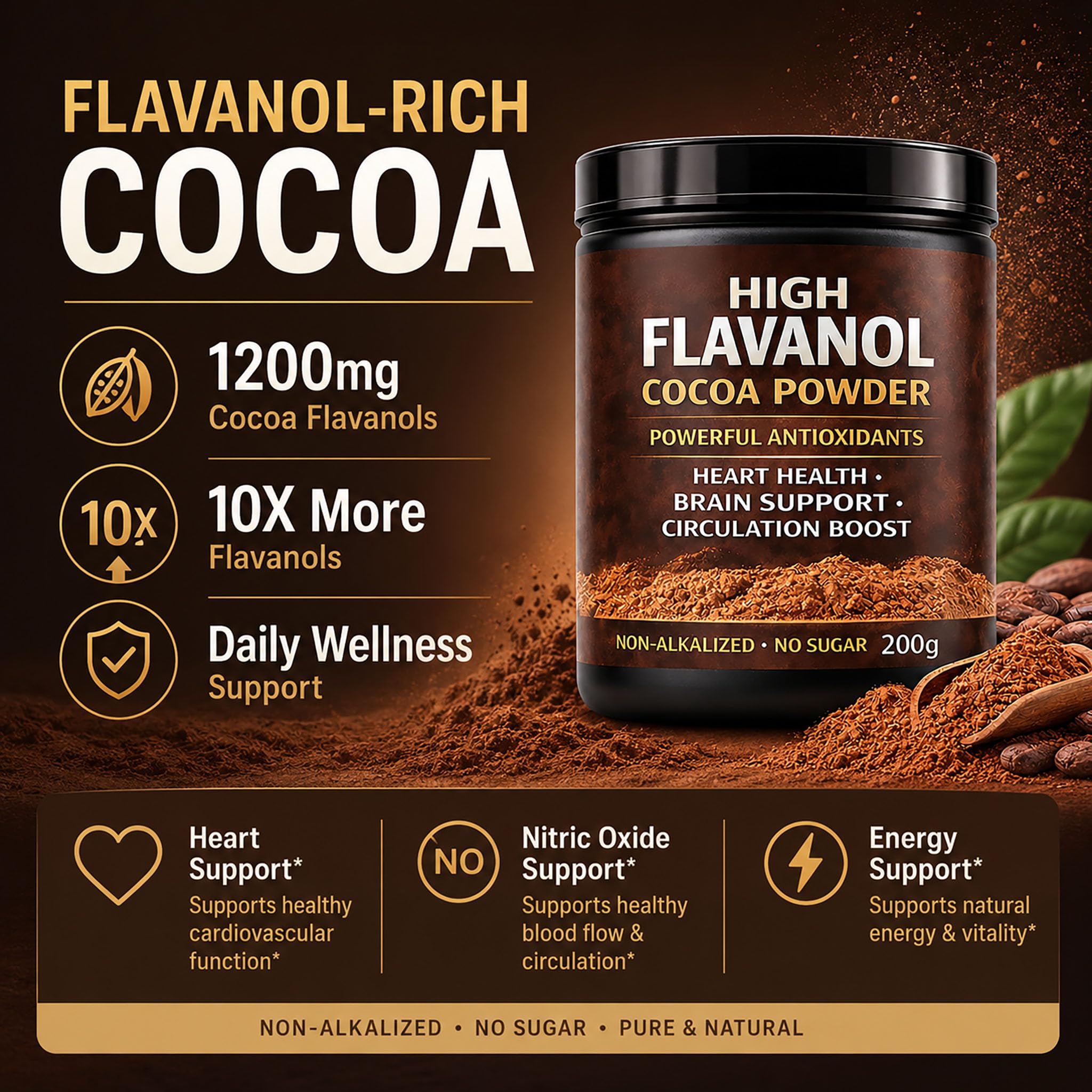 High Flavanol Cocoa Powder, Flavanol Rich Cocoa Powder– 1200mg Cocoa Flavanols – 10X More Flavanols – Supports Heart Health, Nitric Oxide & Energy