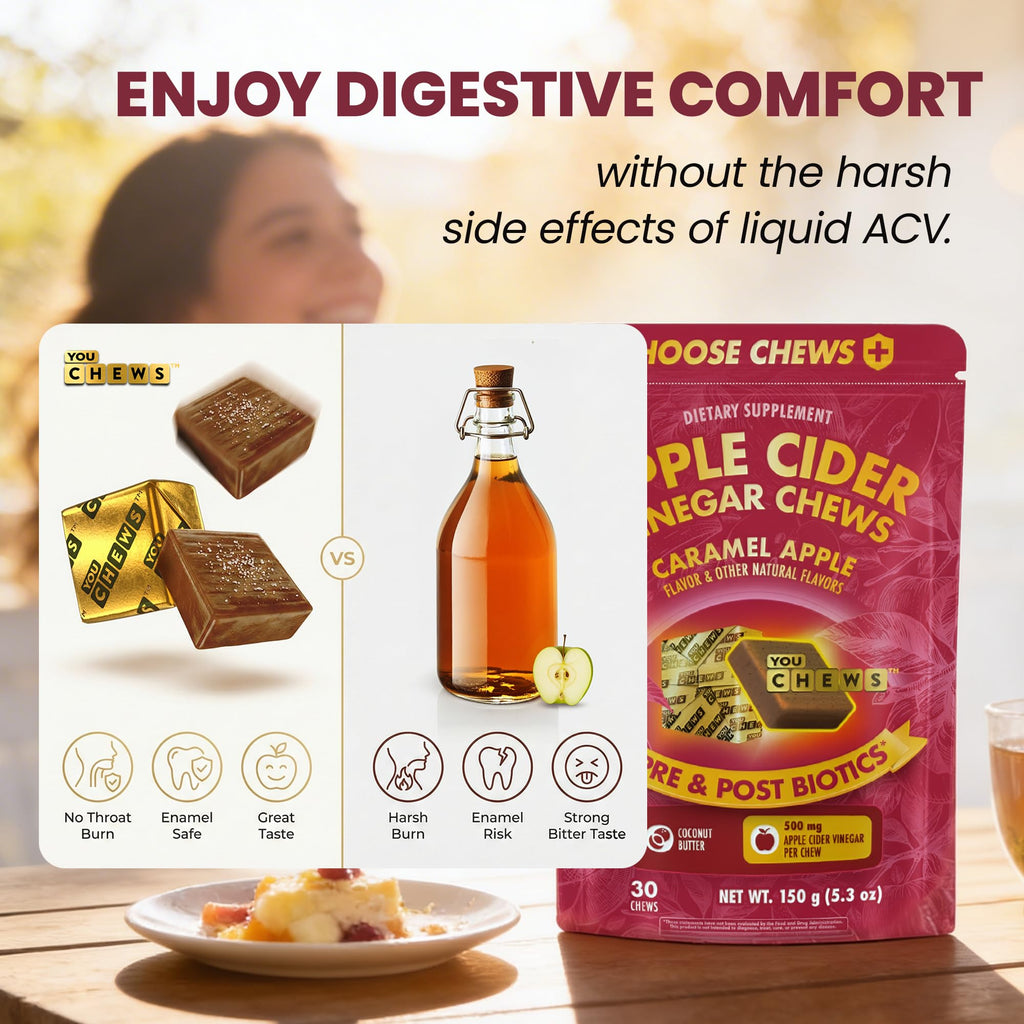 YouChews Apple Cider Vinegar Chews Better Than Apple Cider Gummies - Bloating Relief for Women and Men, 500mg Organic ACV with Prebiotics & Postbiotics, Low Sugar, Caramel Flavor, 30 Count YouChews Au supplements