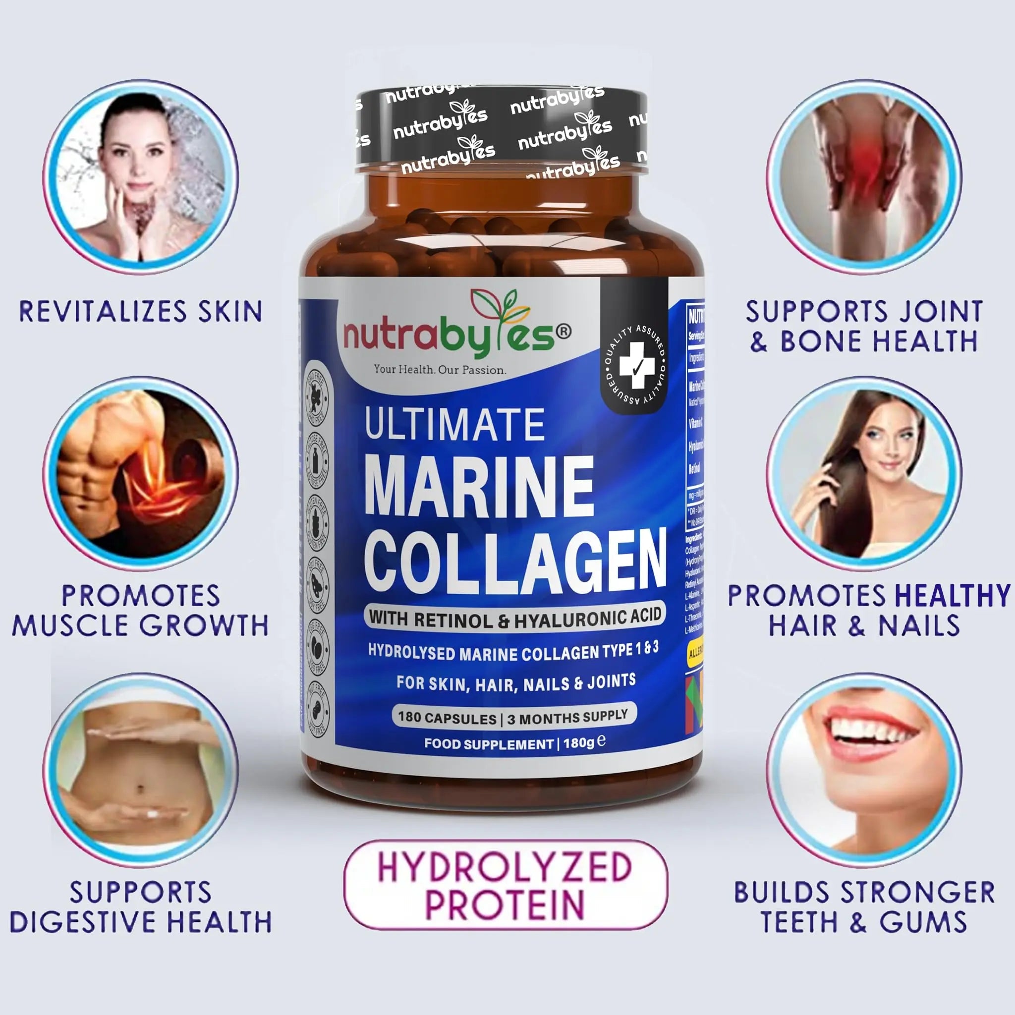 High Strength Marine Collagen with Hyaluronic Acid, Retinol and Vitamin C | 180 Capsules - 3 Months Supply NUTRABYTES Au supplements