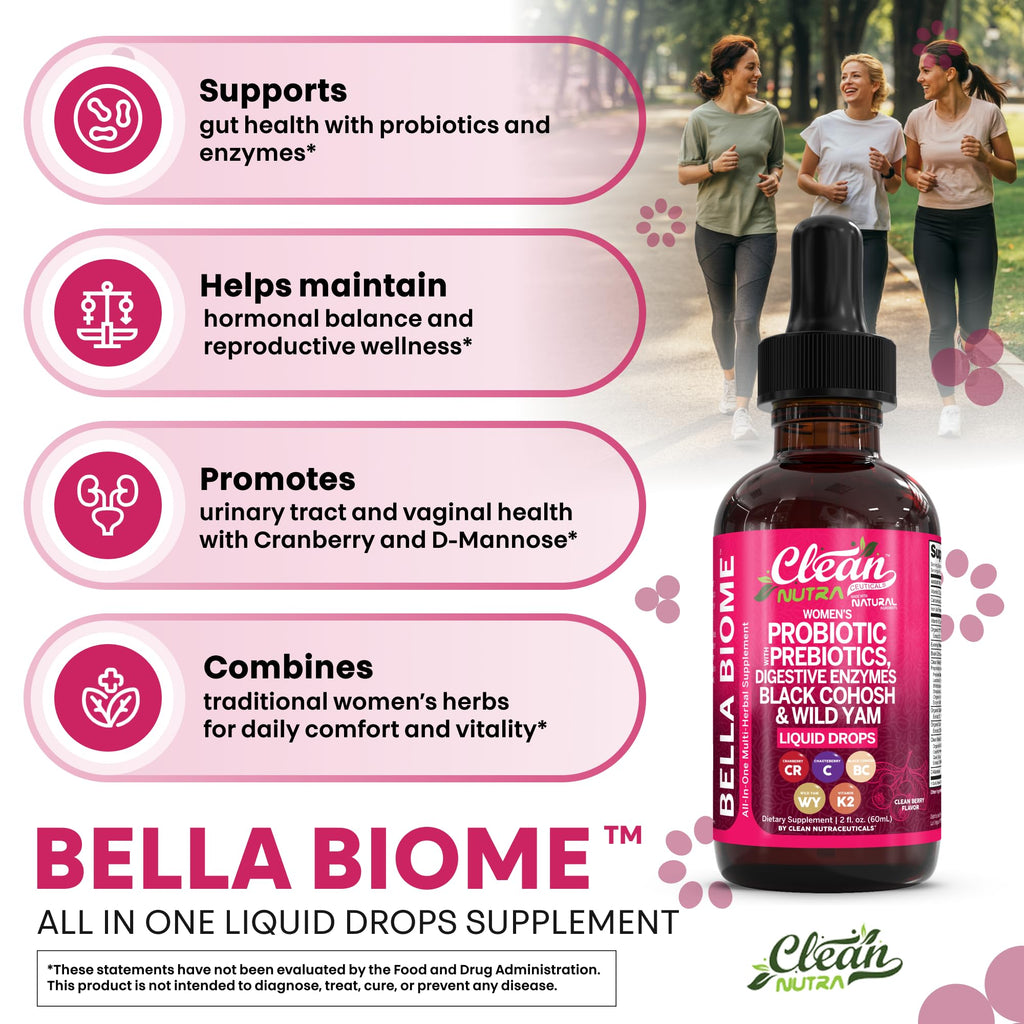 Liquid Probiotics for Women Drops with Chasteberry, Black Cohosh, Prebiotics, Digestive Enzymes, Evening Primrose Oil, Wild Yam, Cranberry Dmannose and Iron Vitamin D3 K2 Clean Nutra Bella Biotics Clean Nutraceuticals Au supplements