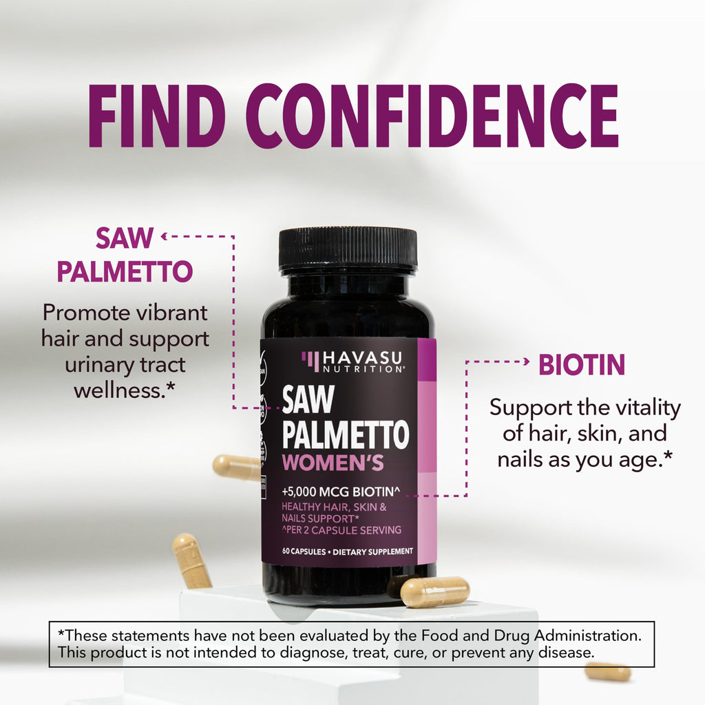 Saw Palmetto for Women with Biotin 5000mcg - Powerful DHT Blocker to Support Hair, Skin, and Nail Health - 60 Count - Vegan, Non-GMO Vitamin for Stronger,