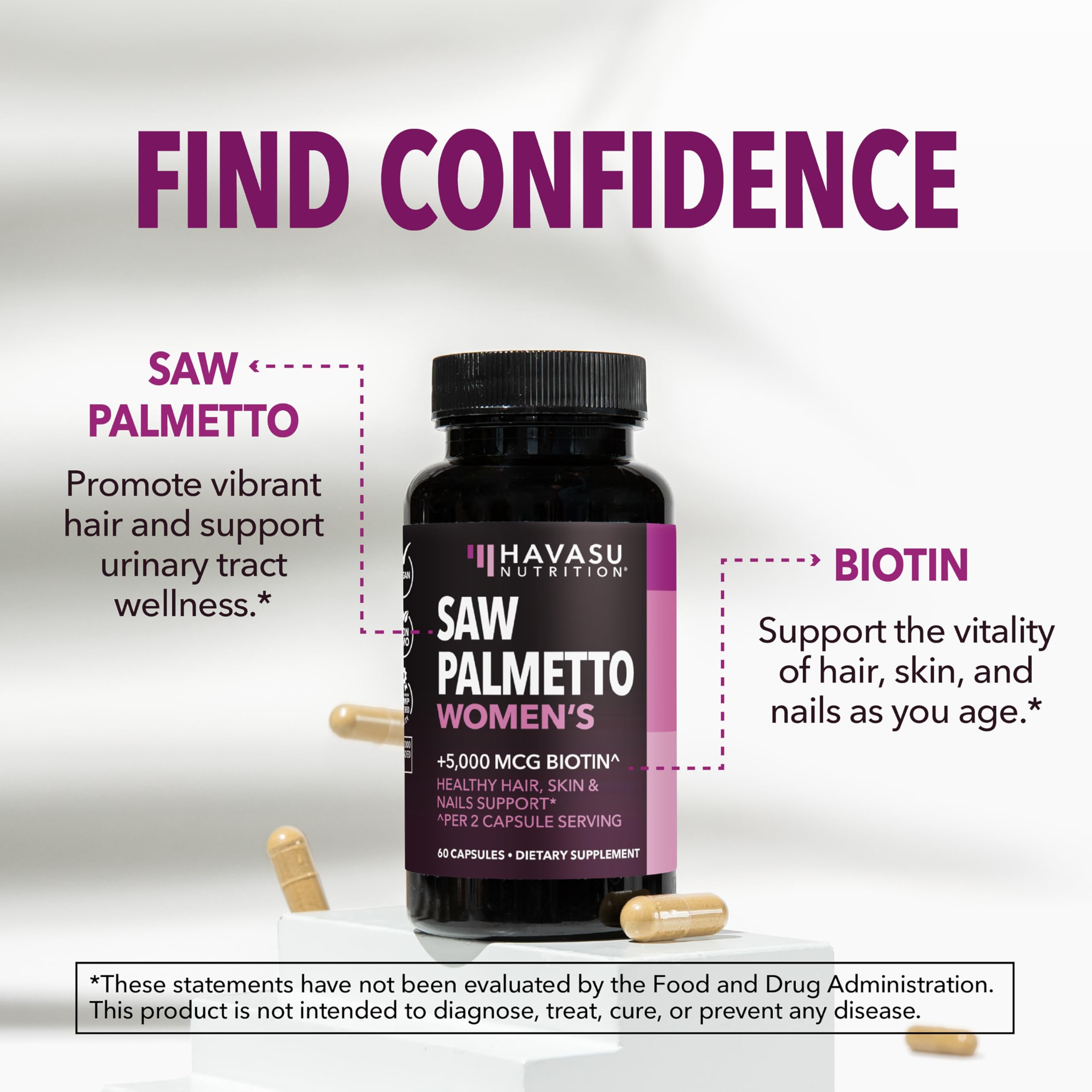 Saw Palmetto for Women with Biotin 5000mcg - Powerful DHT Blocker to Support Hair, Skin, and Nail Health - 60 Count - Vegan, Non-GMO Vitamin for Stronger,