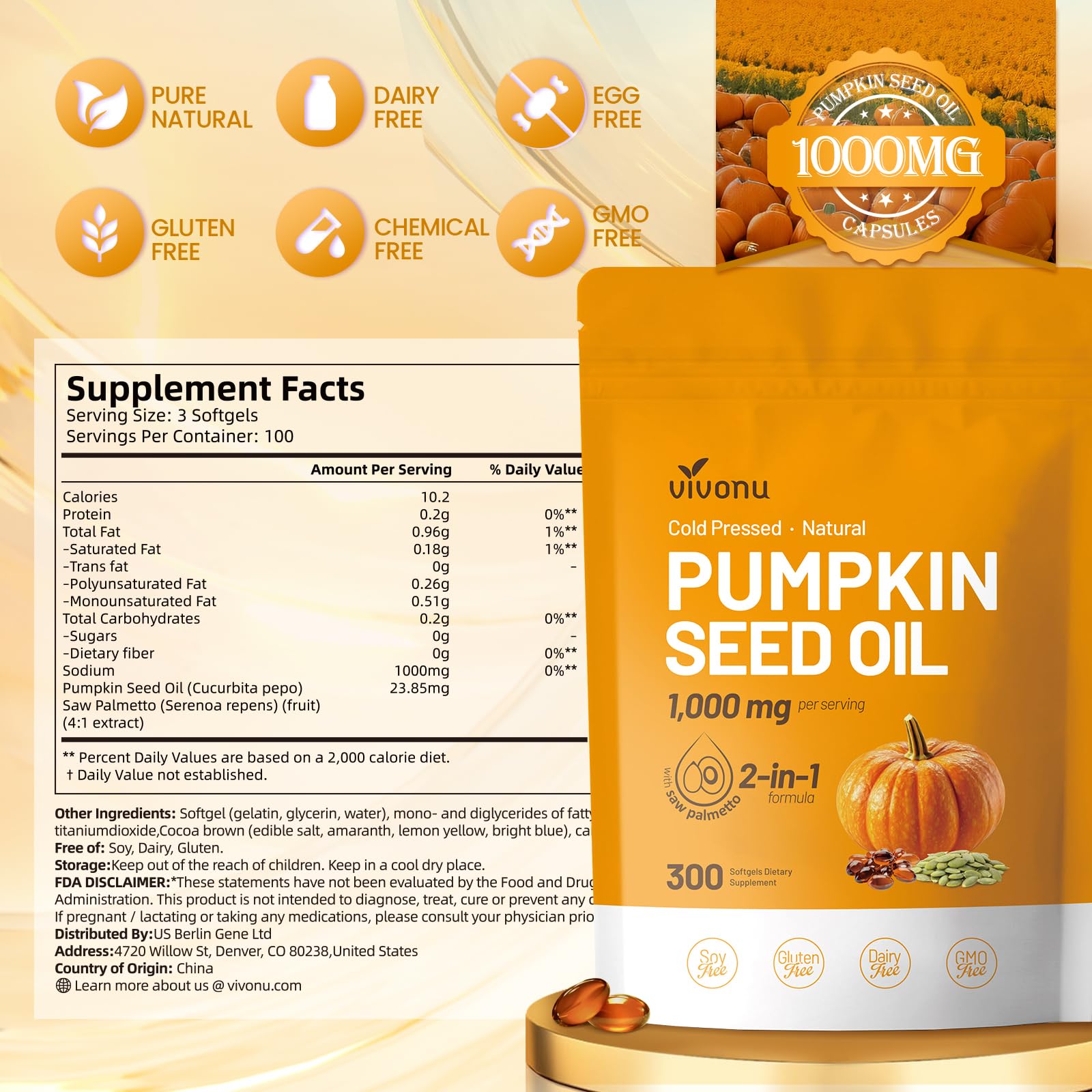VivoNu Pumpkin Seed Oil with Saw Palmetto Capsules | Cold Pressed, Pure Virgin Oil, Essential Fatty Acids & Phytosterols | 300 SoftgelsSupports Hair, Urinary