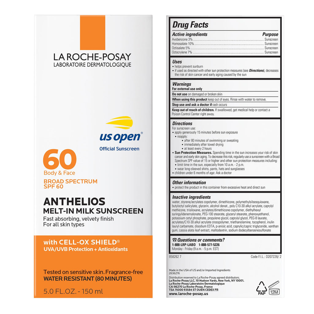 La Roche-Posay Anthelios Melt-In Milk Sunscreen SPF 60, Sunscreen For Body & Face, Broad Spectrum SPF + Antioxidants, Oil Free