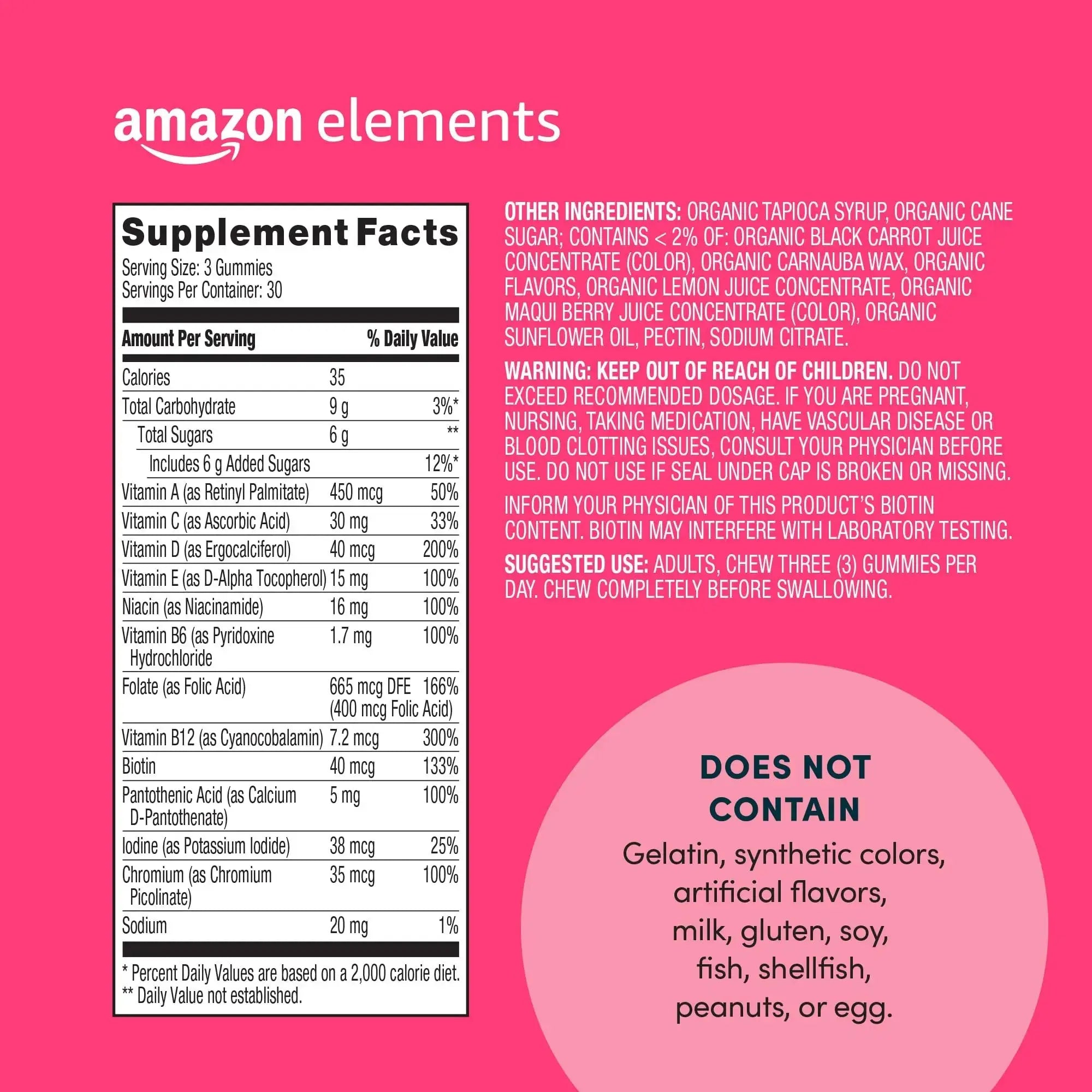 Amazon Elements - Adult Women’s Organic Multivitamins, 90 Gummies (30 servings), Vegetarian Amazon Elements Au supplements