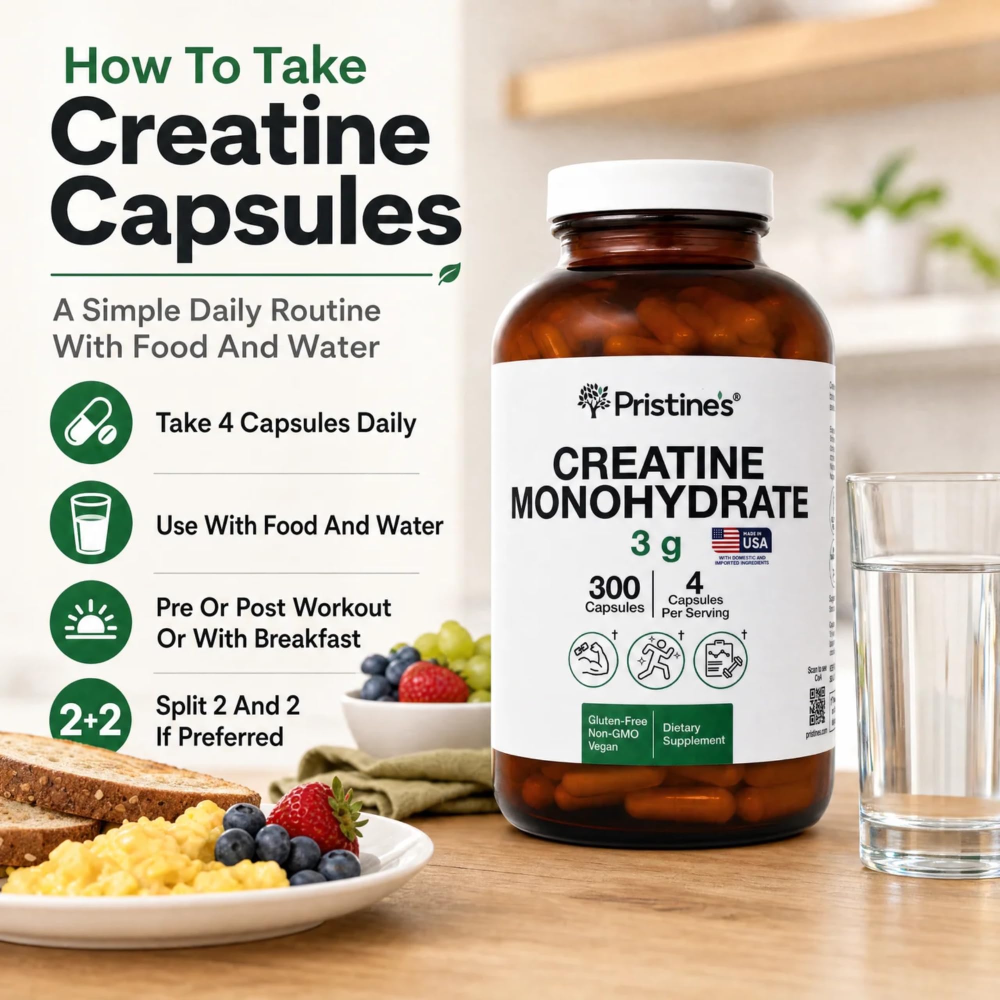 PRISTINE'S Creatine Monohydrate Capsules for Women & Men - NSF Certified 75 Day Supply 3G Creatine Pills for Women - Cognitive & Athletic Performance Support
