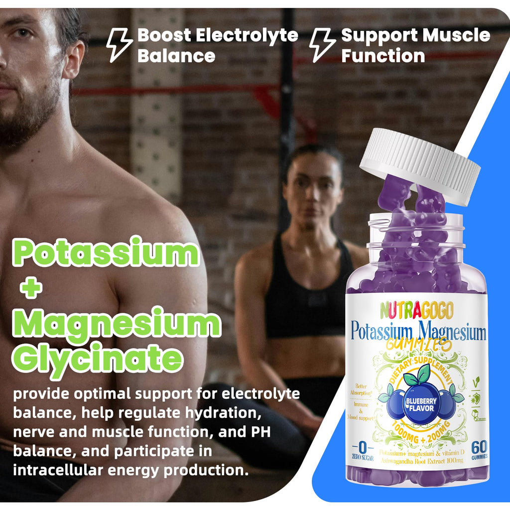 Potassium Magnesium Gummies,Potassium Supplement w/Ashwagandha,High Absorption Magnesium Glycinate,B6,D3,Potassium Citrate for Leg Cramps,Muscle,Electroyte for Adults Kids,Sugar-Free, 60 Gummies NUTRAGOGO Au supplements