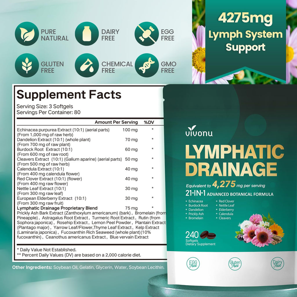 Lymphatic Drainage Supplements, 240 Softgels, Lymph System Support Supplement for Women & Men, 21-in-1 Herbal Blend with Echinacea, Dandelion, Burdock
