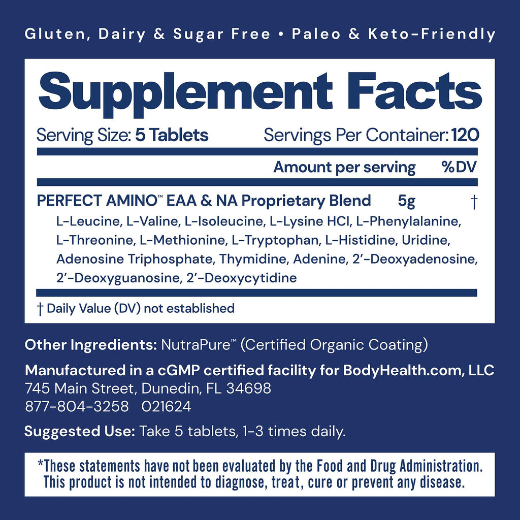 BodyHealth PerfectAmino (600 ct) Easy to Swallow Tablets, Essential Amino Acids Supplement with BCAAs, Vegan Protein for Pre/Post Workout & Muscle Recovery with Lysine, Tryptophan, Leucine, Methionine BodyHealth Au supplements