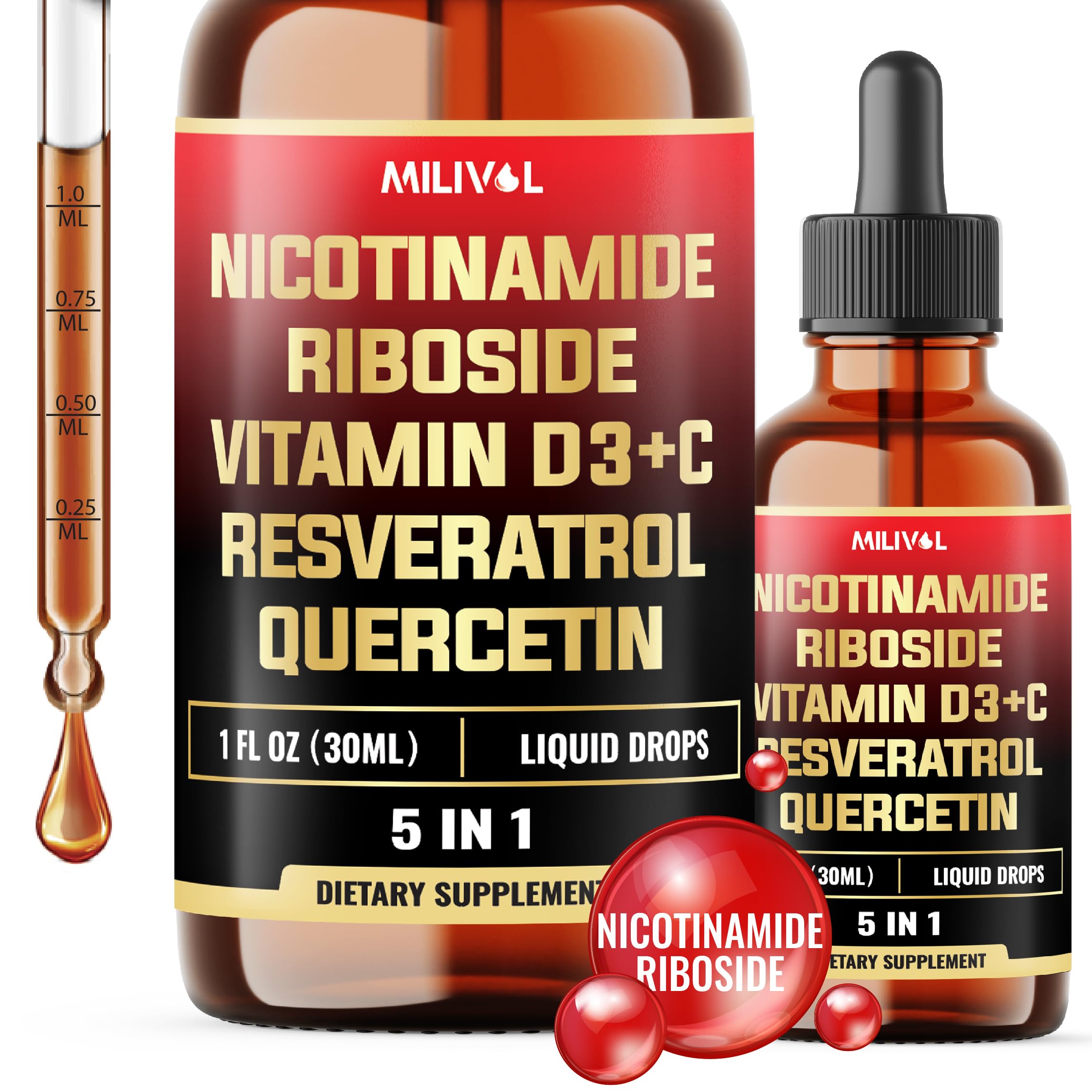 MILIVOL 5in1 NAD+ Liquid Drops w/Nicotinamide Riboside NR 900mg, Quercetin 500mg, Trans-resveratrol 500mg, Vitamin D3-C - Cellular Energy & Repair, Vitality, Healthy Aging - 1FL Oz - 1 Month Supply MILIVOL Au supplements