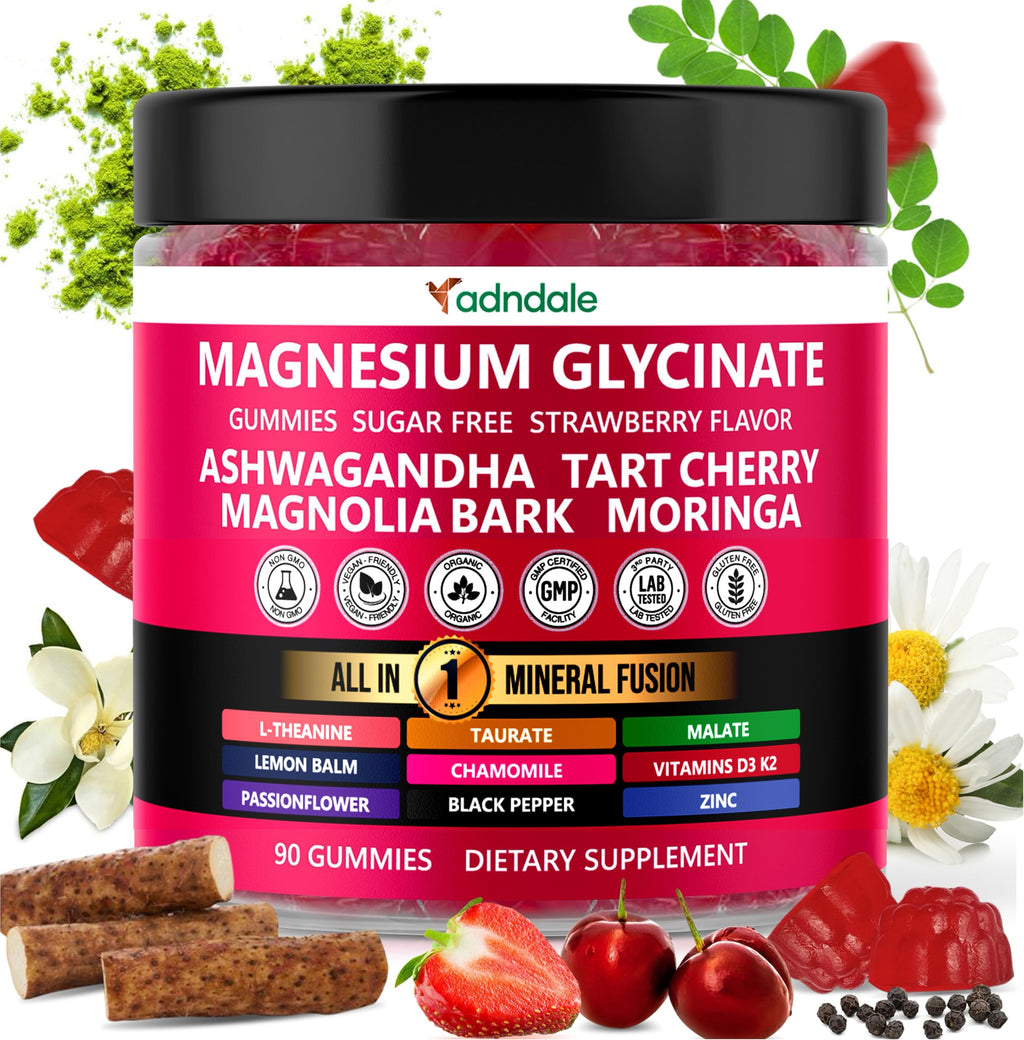 Adndale Magnesium Glycinate 400 mg Gummies with Ashwagandha, Magnesium Malate & Taurate, Tart Cherry, Magnolia Bark, Lemon Balm, Passionflower