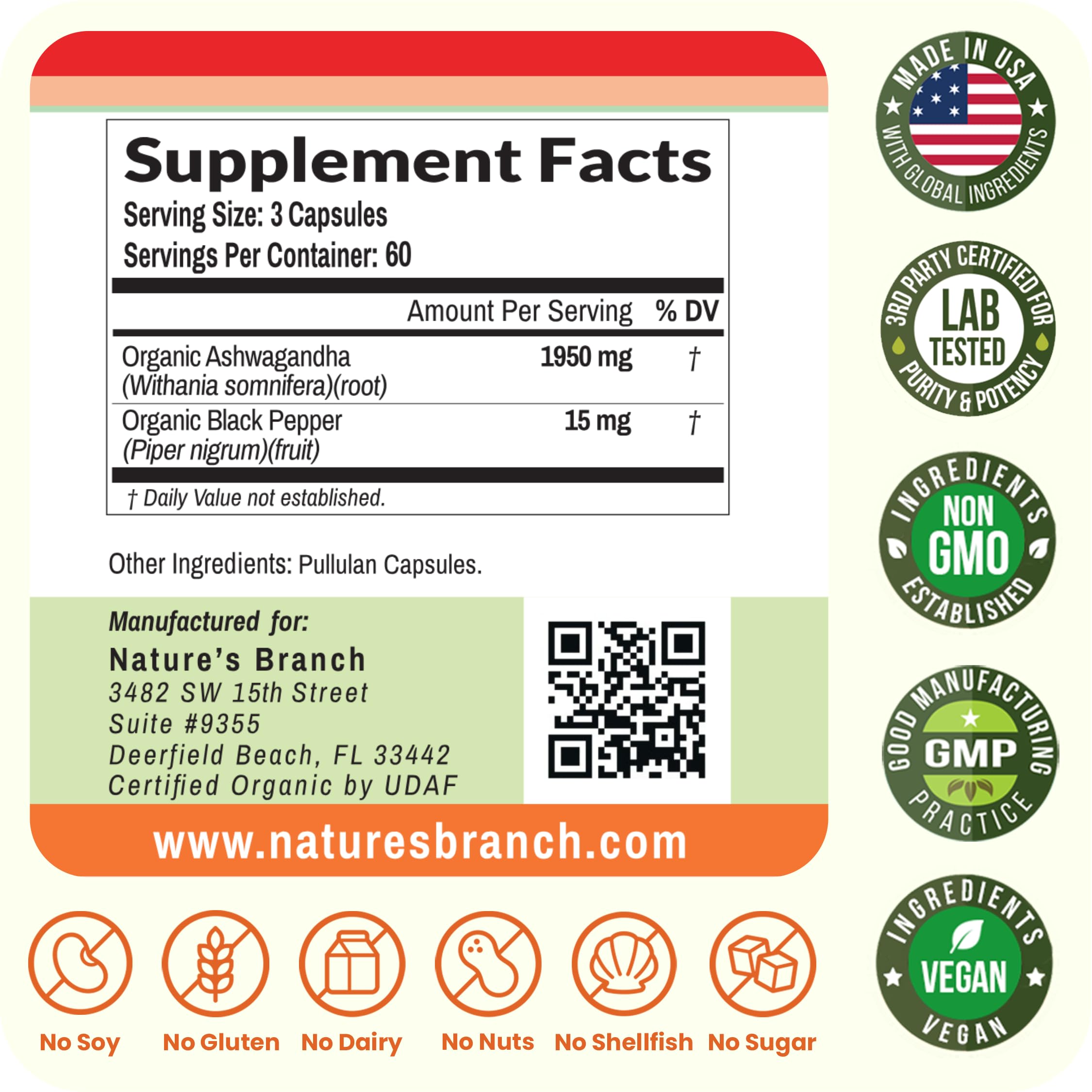 UDAF Certified Organic Ashwagandha with Black Pepper, 1965mg - Extra Strength for Stress, Sleep, Mood, Thyroid, Energy, Hair, Vegan Pure Root Extract Powder Supplement for Men and Women | 180 Capsules NATURE'S BRANCH Au supplements