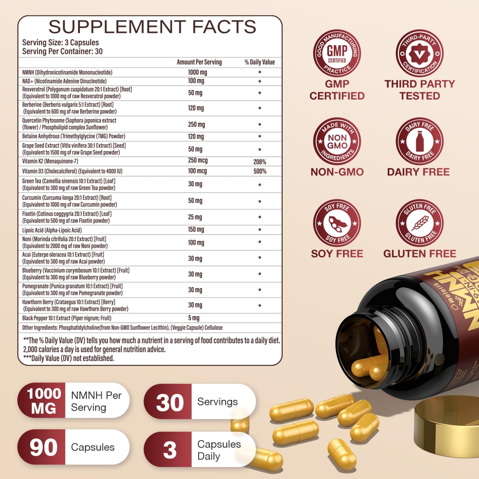 19 in 1 NMNH (Dihydronicotinamide Mononucleotide) 1000mg Per Serving, Nad Supplement Boost NAD+ Levels Nad Resveratrol Supplement with Quercetin, Vitamin D3 K2, Healthy Aging, Energy, 90 Capsules molorik pure Au supplements