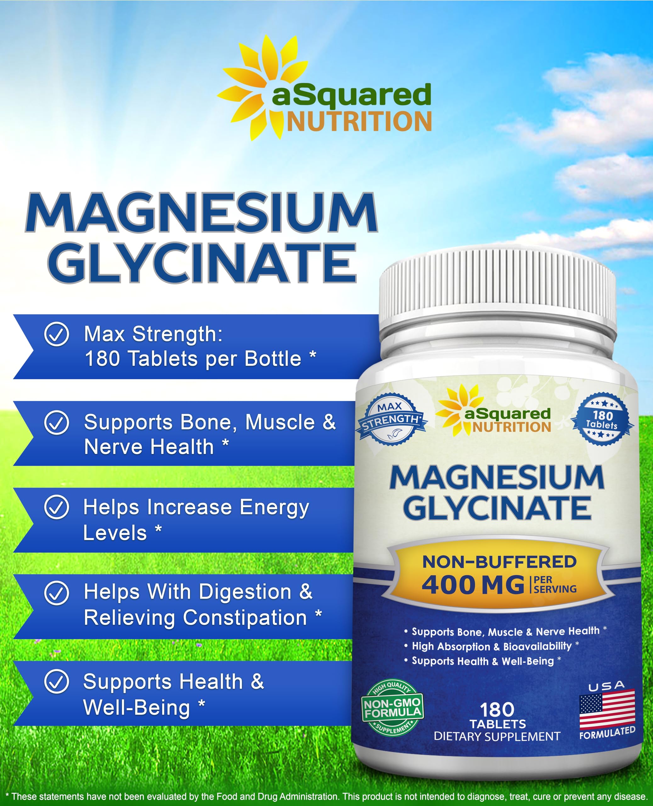 aSquared Nutrition Magnesium Glycinate 400mg - 180 Tablets - Max Strength Magnesium Bisglycinate Supplement -Maximum Bioavailability & Absorption-Non-GMO