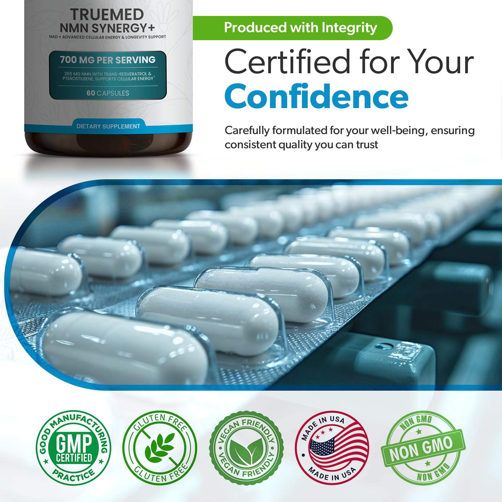 TRUEMED NMN Synergy+ 700mg – Premium NMN Supplement with Resveratrol & Pterostilbene | Advanced NAD+ Supplement for Cellular Energy, & Wellness Support | Non-GMO, Vegan, 60 Capsules TRUEMED Au supplements