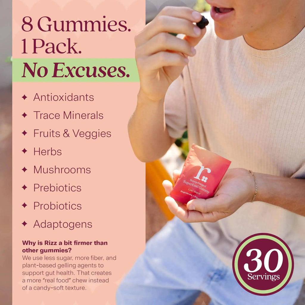 Rizz Low Sugar Green Gummies - 60+ Superfoods 6g Fiber - Prebiotic and Probiotic Gummies - Vegan Multivitamins for Women & Men Rizz Au supplements