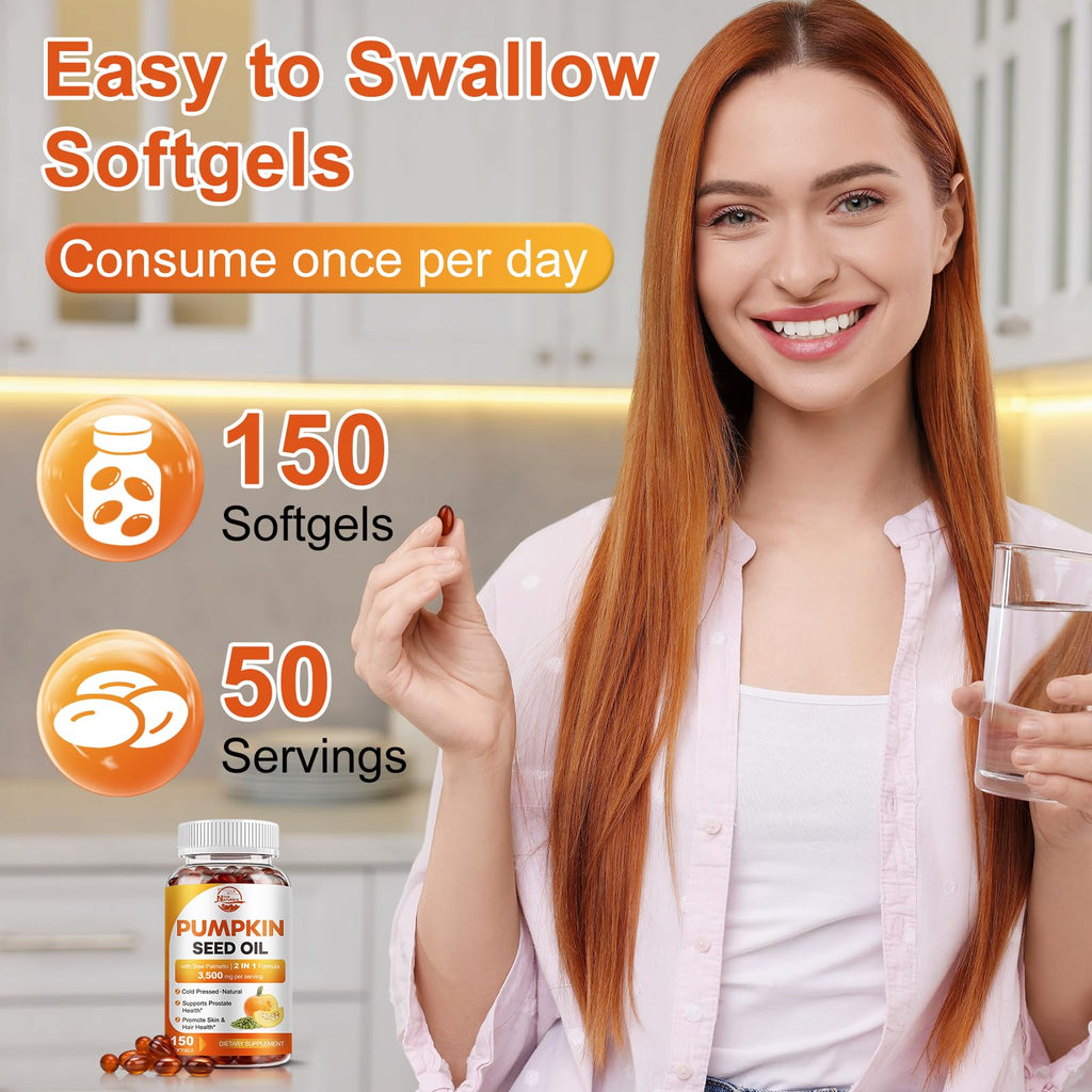 Pumpkin Seed Oil with Saw Palmetto, 3500mg Max Strength per Serving, 150 Softgels, Cold-Pressed with Essential Fatty Acids & Phytosterols, Supports Immune