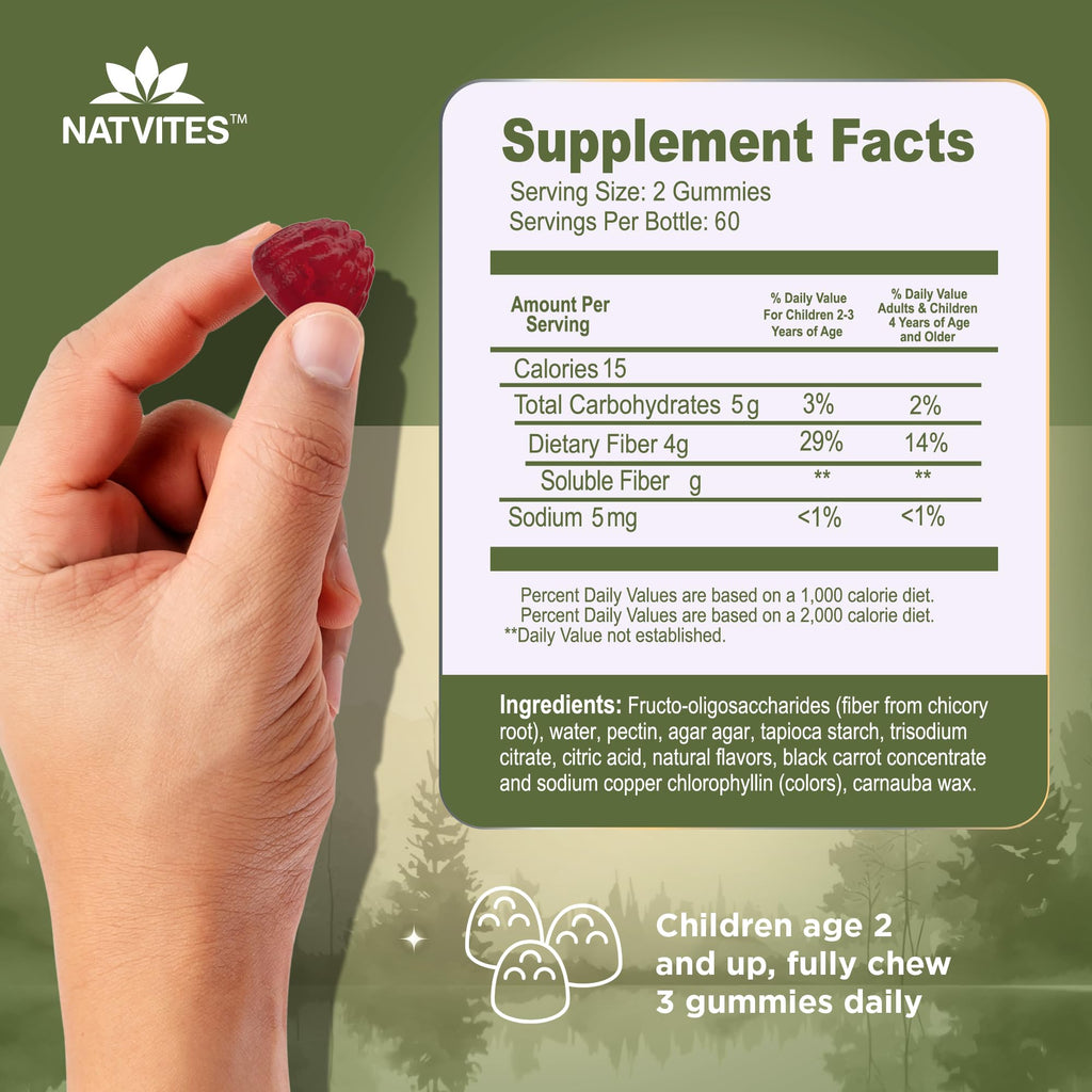 Natvites Prebiotic Kids Fiber Gummies, for Children Ages 2 & Up - Sugar Free Vegetarian Gelatin Free Non-GMO, Kids Fiber Supplements