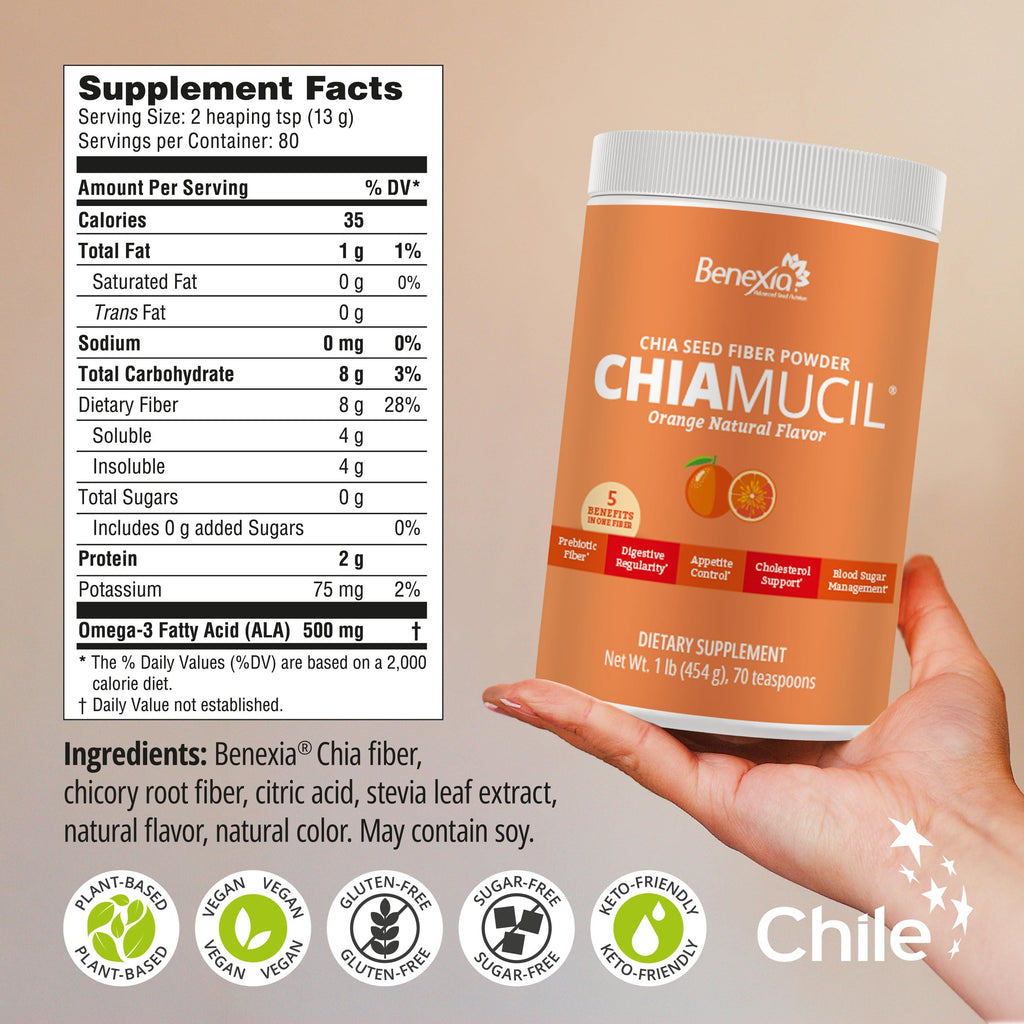 BENEXIA Chiamucil Prebiotic Fiber Supplement Powder – Chia Fiber & Chicory Root (Inulin) for Digestive Health & Appetite Control – Gluten & Sugar Free