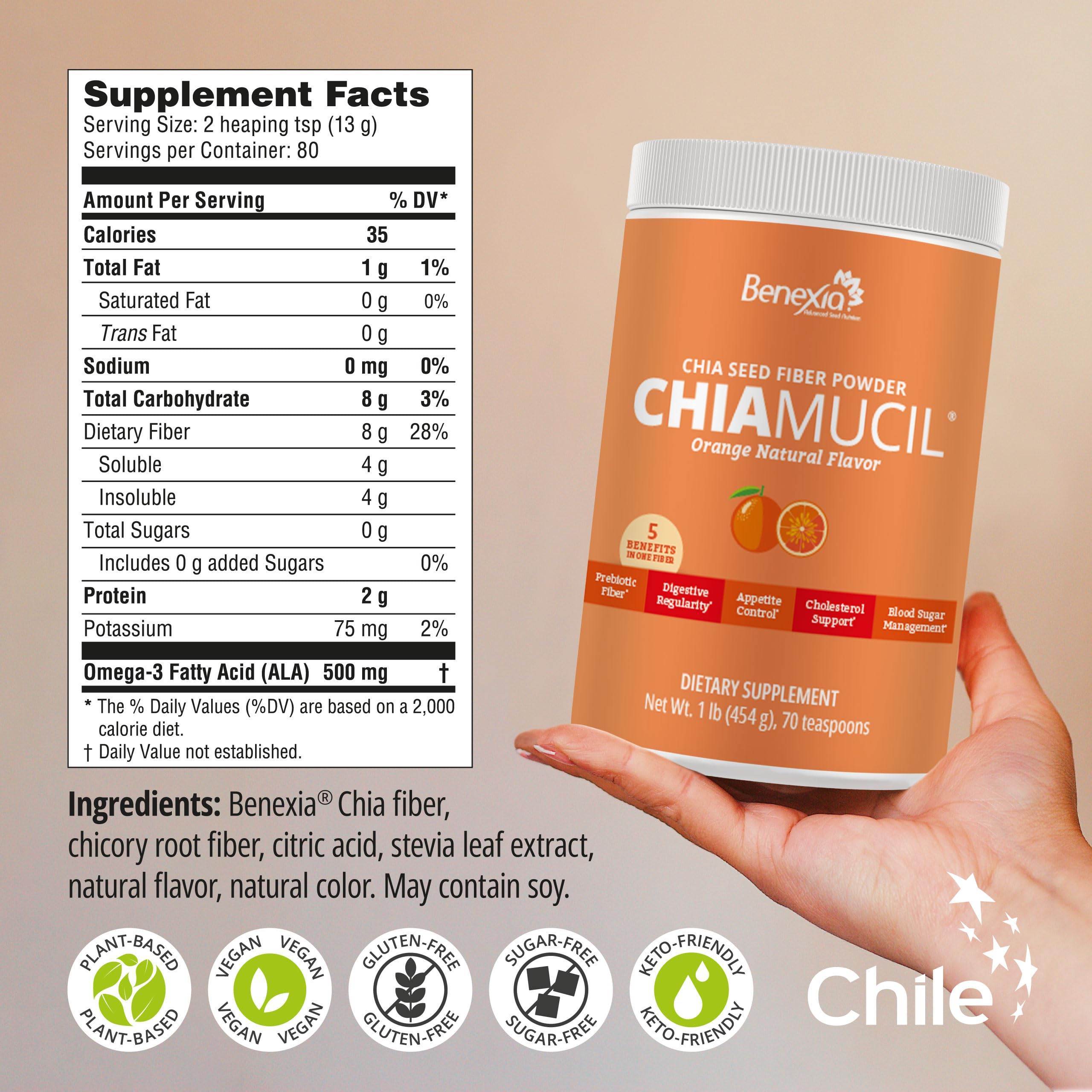 BENEXIA Chiamucil Prebiotic Fiber Supplement Powder – Chia Fiber & Chicory Root (Inulin) for Digestive Health & Appetite Control – Gluten & Sugar Free