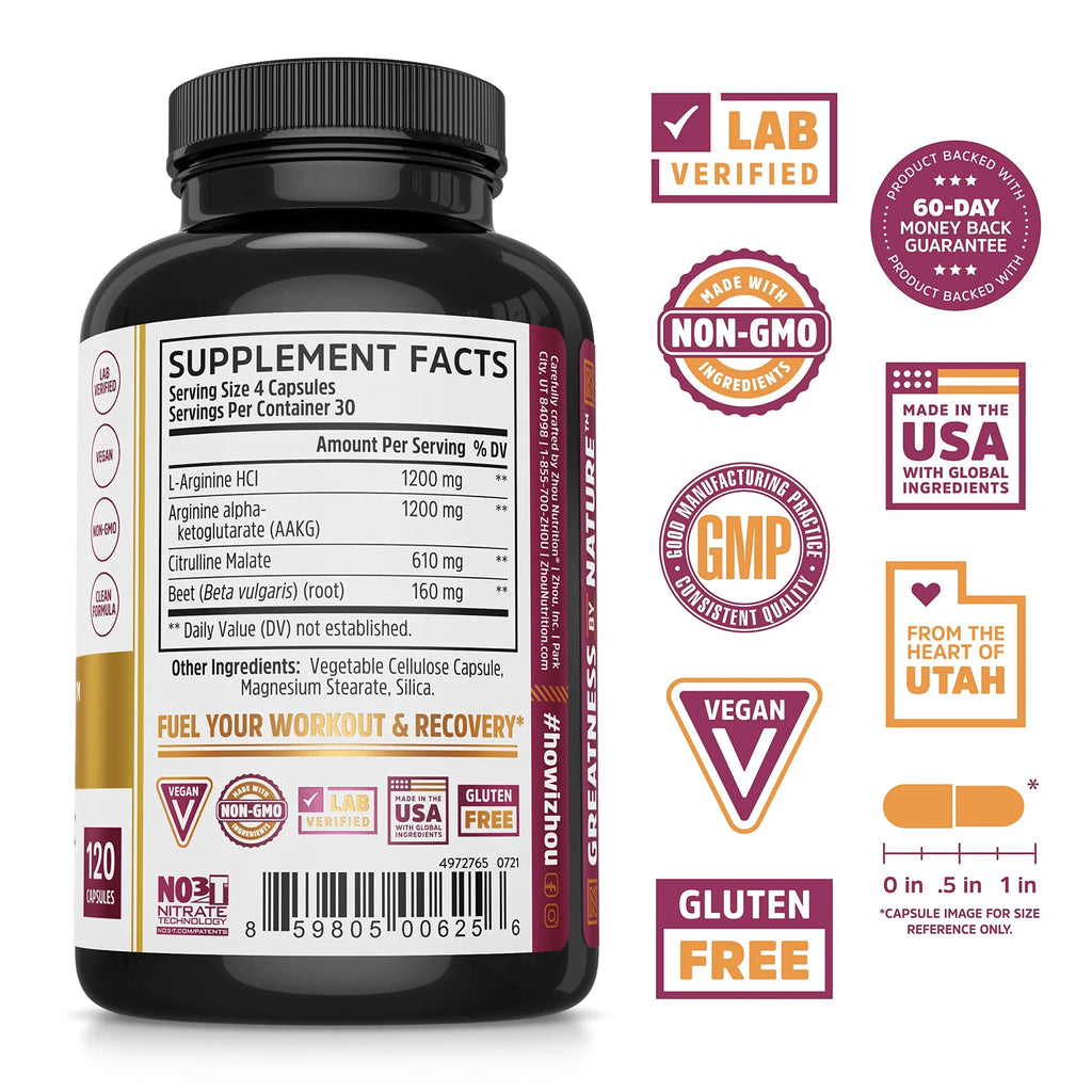 Zhou Nitric Oxide with L Arginine, Citrulline Malate, AAKG and Beet Root | Powerful N.O. Zhou Nutrition Au supplements