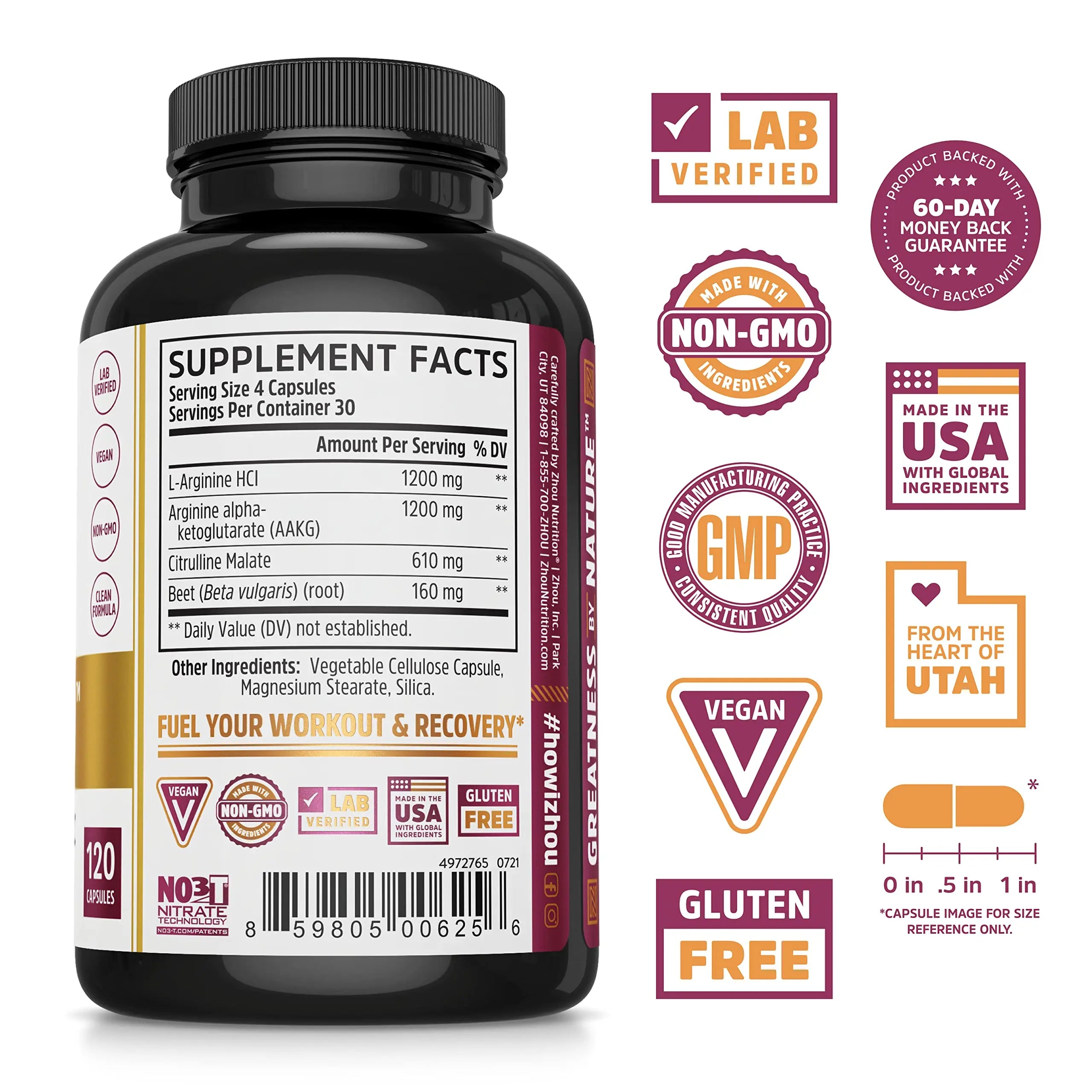 Zhou Nitric Oxide with L Arginine, Citrulline Malate, AAKG and Beet Root | Powerful N.O. Zhou Nutrition Au supplements