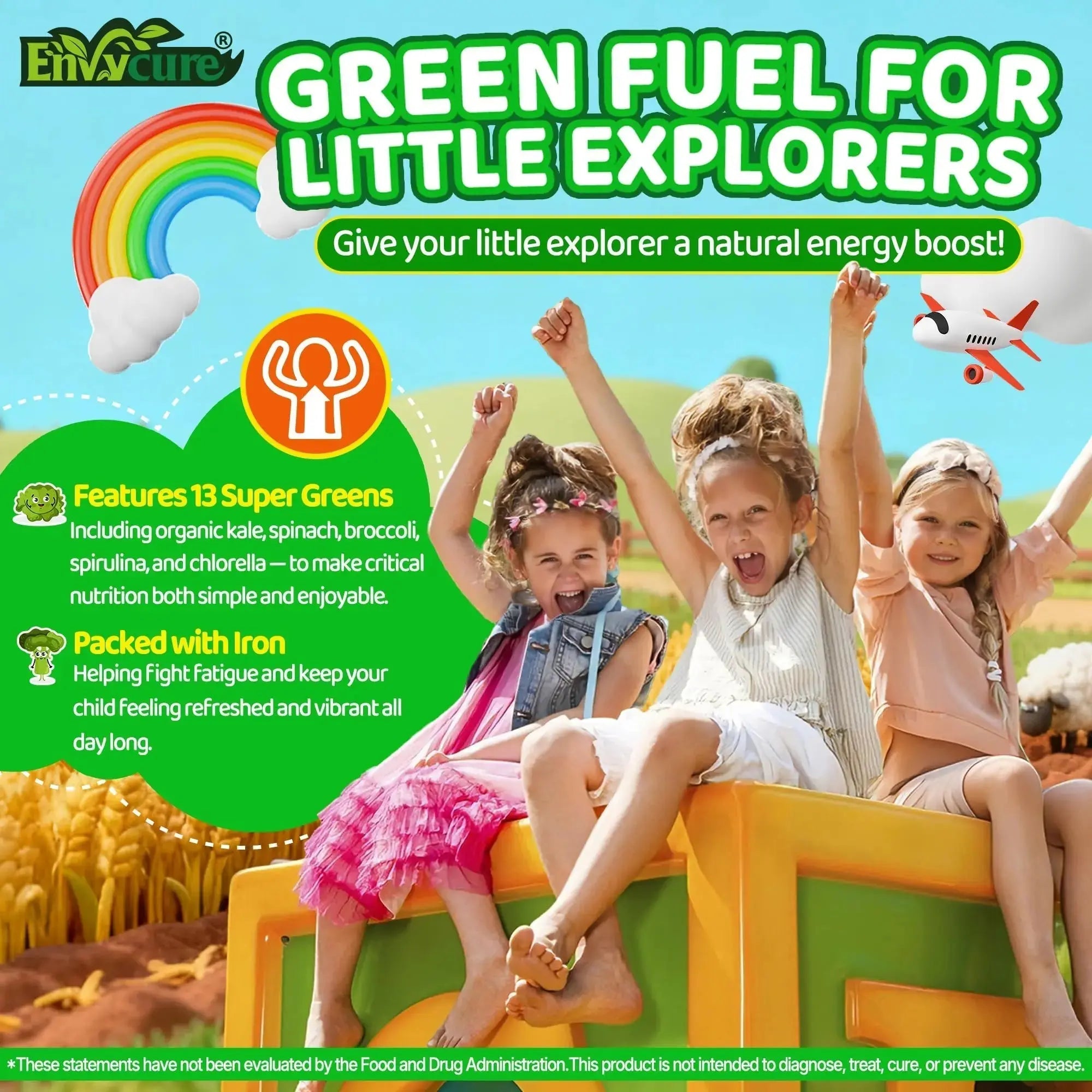 Kids Super Greens Gummies, w/Multivitamins, Spirulina, Chlorella, Spinach, Broccoli, Calcium, Omega-3 (DHA/EPA) EnvyCure Au supplements