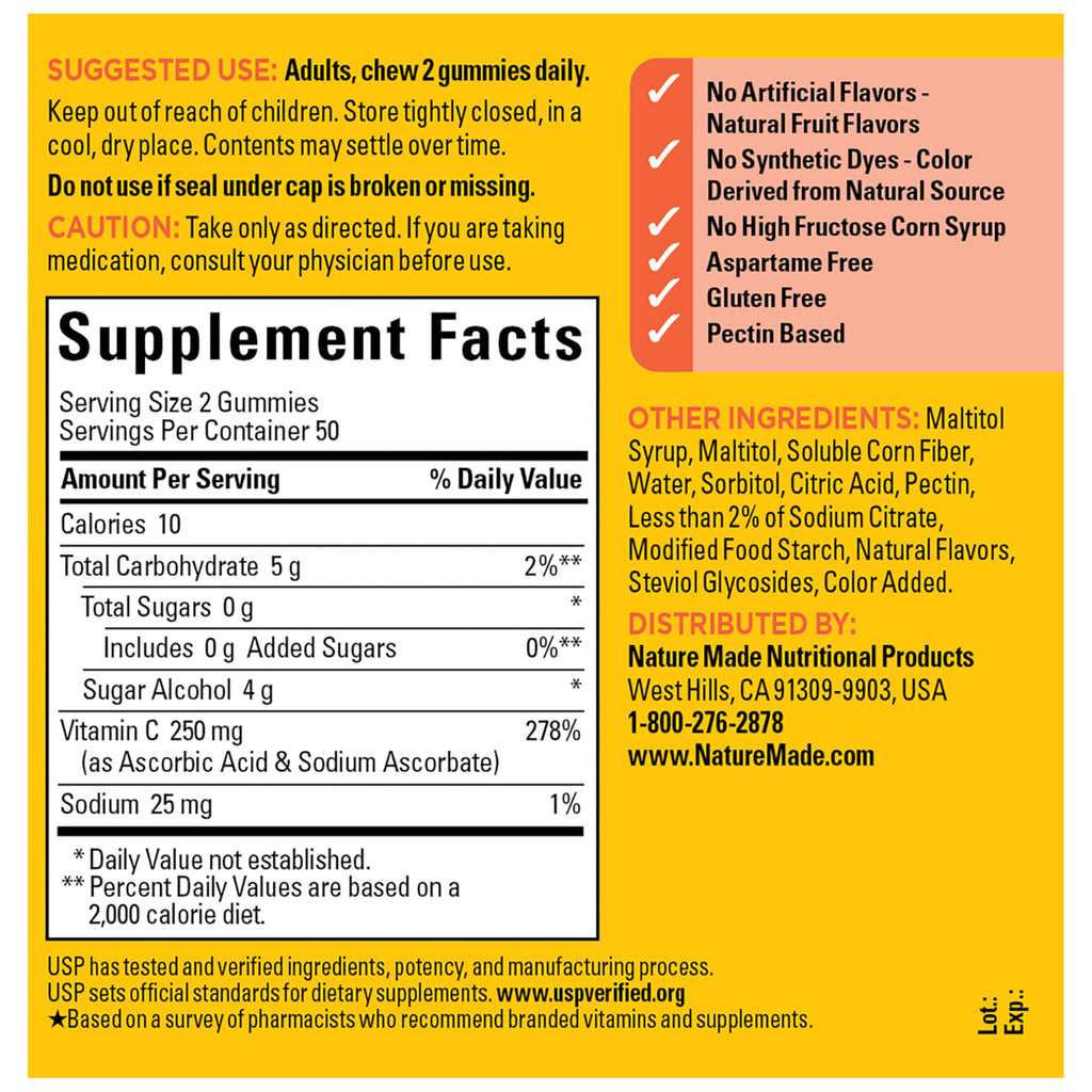 Nature Made Zero Sugar Vitamin C Gummies 250 mg Per Serving, Immune & Antioxidant Support, Aspartame Free