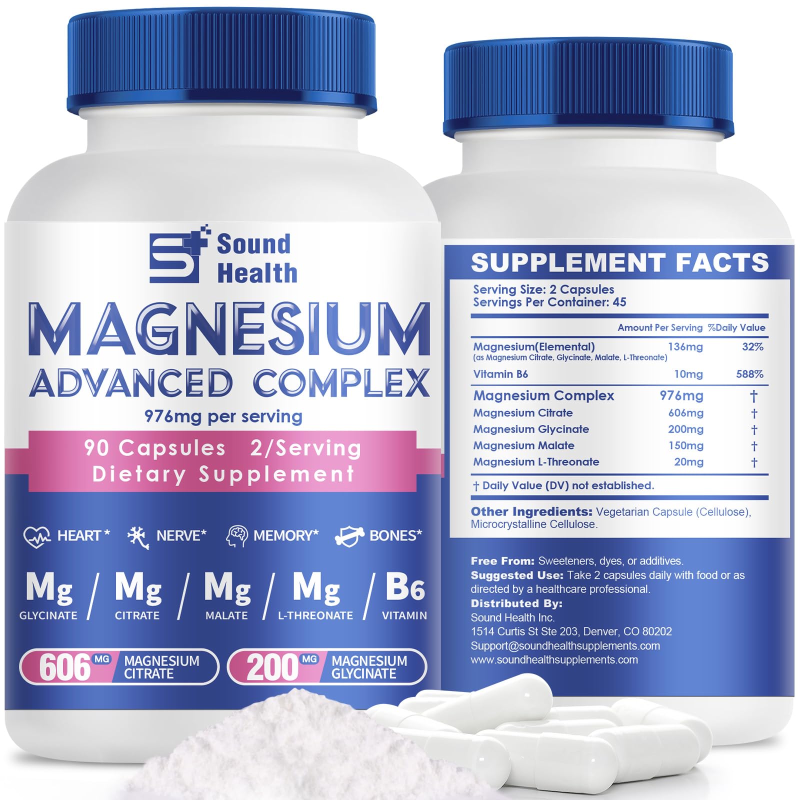Magnesium Complex Capsule 5 in 1 Magnesium Supplement from Magnesium Glycinate, Citrate, Malate, L-Threonate & Vitamin B6, High Absorption Magnesium Supplement, Non-GMO, Vegan Sound Health Plus Au supplements