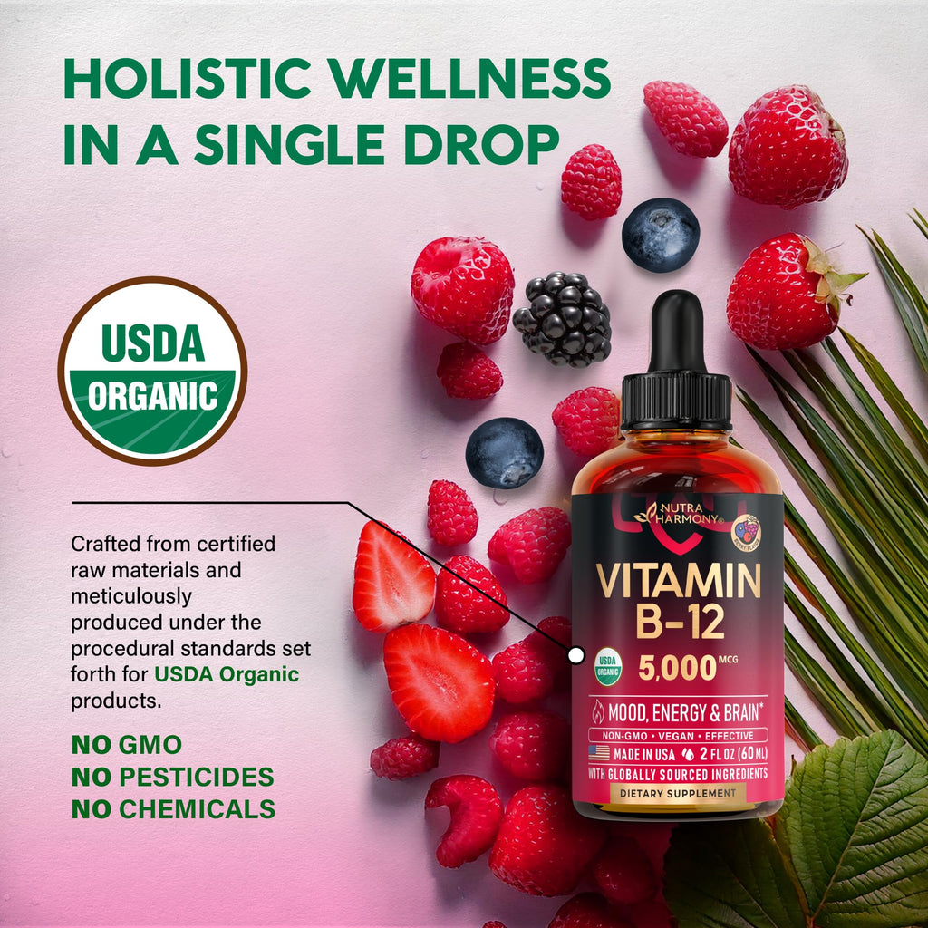 USDA Organic Vitamin B12 Sublingual Drops - 5000 mcg Liquid Vegan Methylcobalamin for Women & Men - Energy Boost, Focus & Mood, Brain Health Support