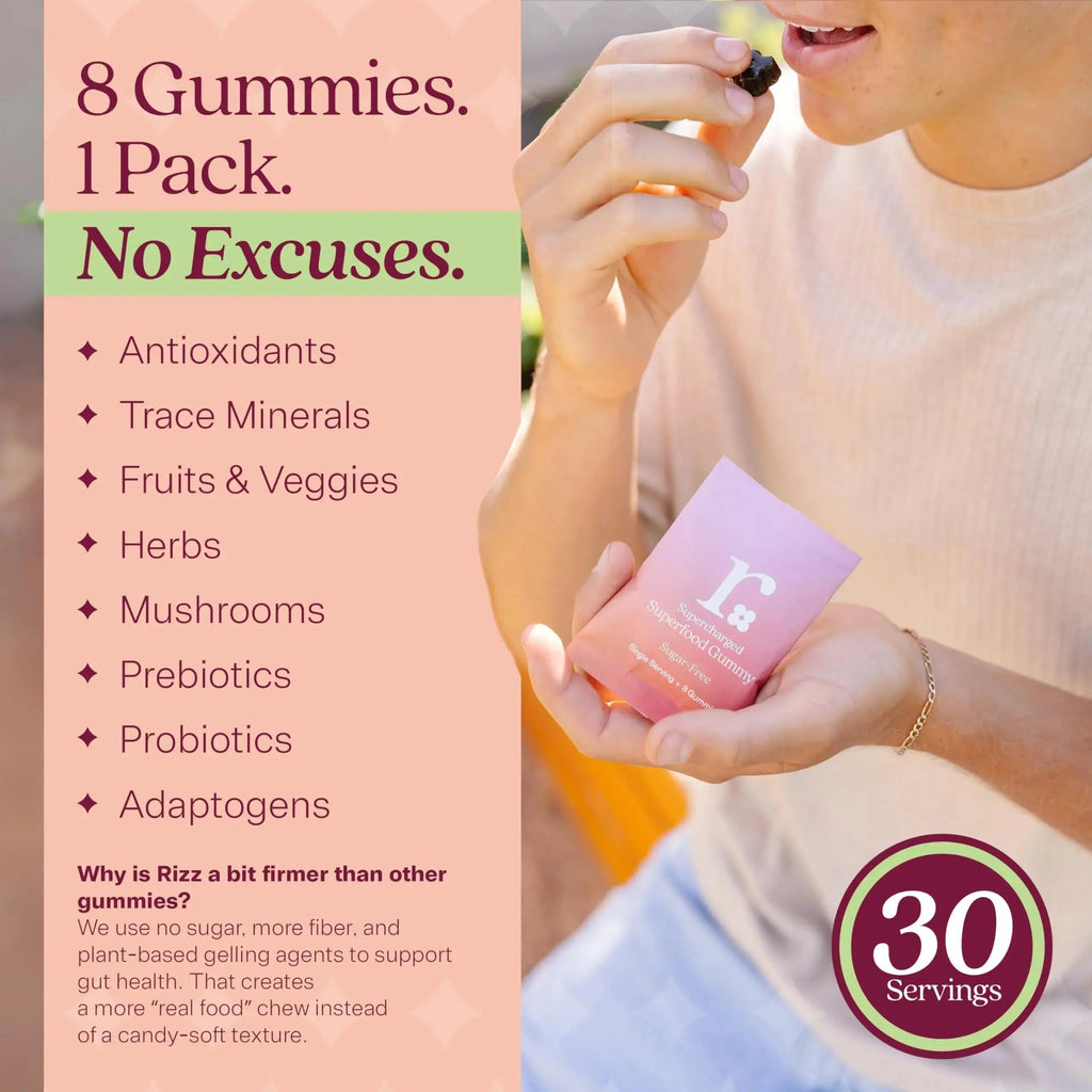 Rizz Sugar-Free Green Gummies - 60+ Superfoods 6g Fiber - Prebiotic and Probiotic Gummies - Vegan Multivitamins for Women & Men Rizz Au supplements