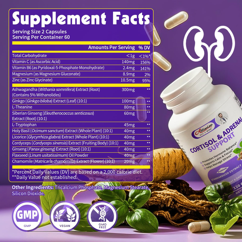 Alliwise Cortisol Supplements for Women & Men - Adrenal Support with Ashwagandha, L-Theanine & Holy Basil for Stress Relief, Mood & Steady Focus - Hormone Balance - 120 Vegan Capsules Alliwise Au supplements