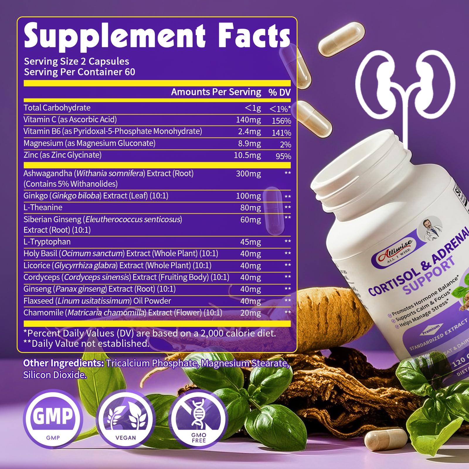 Alliwise Cortisol Supplements for Women & Men - Adrenal Support with Ashwagandha, L-Theanine & Holy Basil for Stress Relief, Mood & Steady Focus - Hormone Balance - 120 Vegan Capsules Alliwise Au supplements