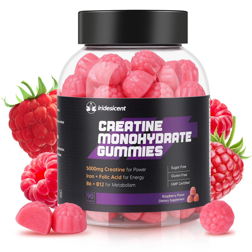 IRIDESICENT Creatine Monohydrate Gummies 5000mg w/Iron, Vitamin B6 & B12, Sugar Free 5g Creatine Supplements for Women and Men Boost Energy & Muscle Recovery - 90 Raspberry Gummies IRIDESICENT Au supplements