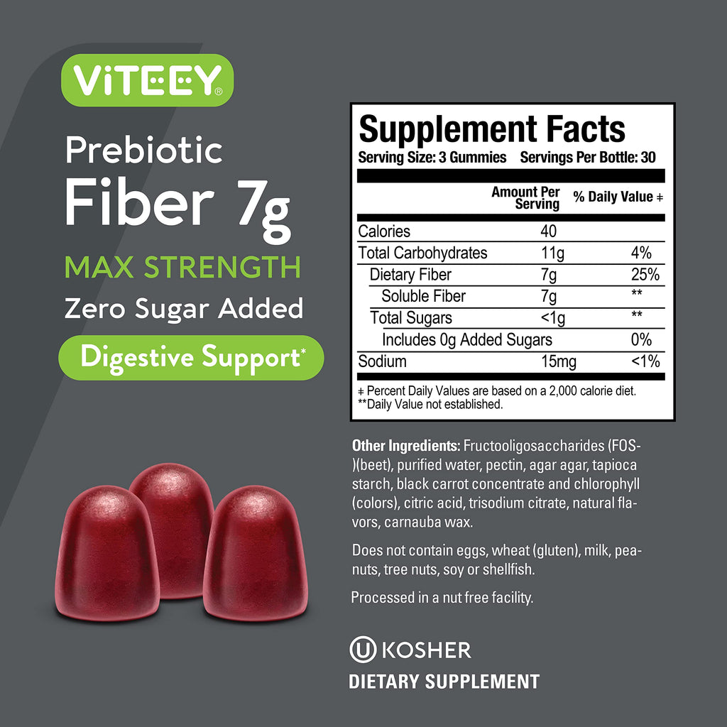 VITEEY Prebiotic Fiber Gummies for Adults, 7g - Gut Health & Digestive Soluble Fiber Supplement Gummies - Zero Sugar Added, Vegan, Gluten-Free - 180 Count