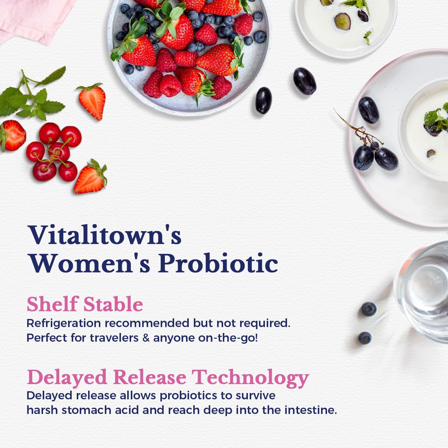 Vitalitown Women's Probiotics | 100 Billion CFUs 18 Strains | Prebiotics, VC & B6, Cranberry | Shelf Stable | Vaginal, Urinary